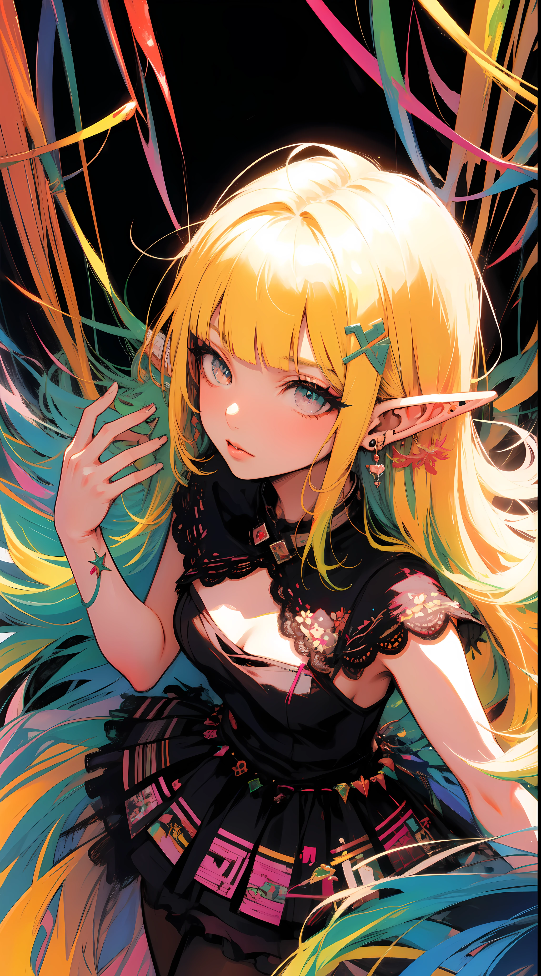 (masterpiece, top quality, best quality, official art, beautiful and aesthetic:1.2), ((elf)), ((1girl)), extreme detailed,(fractal art:1.3),colorful,highest detailed, Cowboy shot, from above, art by Artgerm, by wadim kashin, by Kawacy, by Yoshitaka Amano, BREAK, (elf), (1girl), solo, perfect face, details eye, Blunt bangs, Blonde white hair, (hair between eye), eyelashes, eyeshadow, pink eyeshadow, BREAK, corsages, jirai kei, (jirai kei fashion:1.1), Frills, Skirts, Various accessories, (ear piercing), punky style, Japanese subculture, fashion, Stockings, colorful, (Dark circles:1.2),