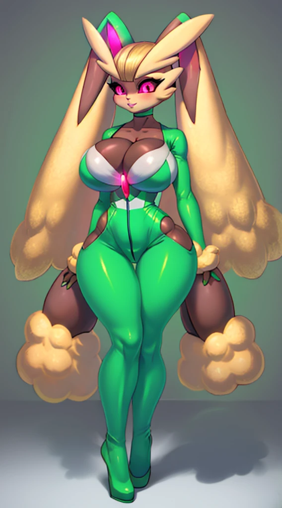 beautiful, 1female, gardevoir, lopunny, (holograhic short jumpsuit), fitness model, dark brown skin, wide hips, thick hips, glowing eyes, thick thighs, rabbit tail, thick lips, thin toned body, long blonde hair, green highlights, bangs, big breasts, abs:0.2, narrow waist, small waist, flat belly, flat waist