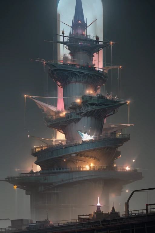 a very tall building with a lot of lights on it, a matte painting, inspired by Yoshio Markino, cubo-futurism, from sam and max, stars on top of the crown, an evil villain's lair, zoomed out shot
