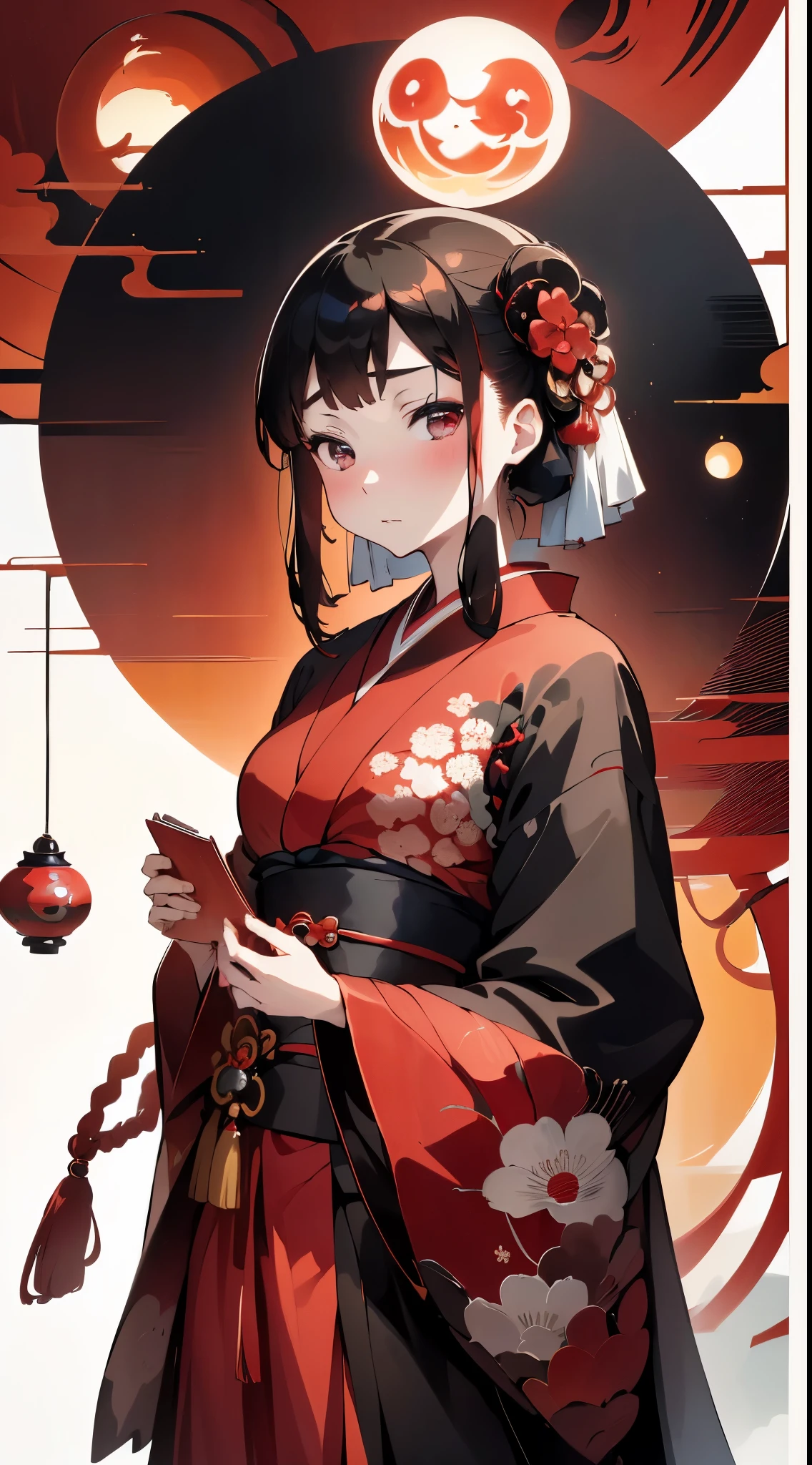 An arafi woman wearing a red kimono holding a black wallet on a white background, by Kanō Tan'yū, by Murakami, iwakura, maya takamura, Geisha prima ballerina, inspired by Tawaraya Sōtatsu, akihiko yoshida」, sosaku hanga, hayao miyazki