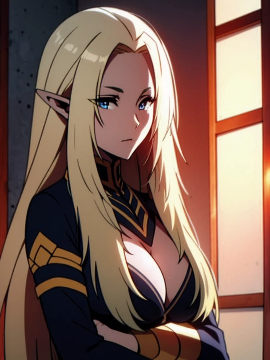 high quality, best quality, ultra detailed, masterpiece, 1 woman (Alpha, solo, long hair, pointy ears, blonde hair, breasts, large breasts)