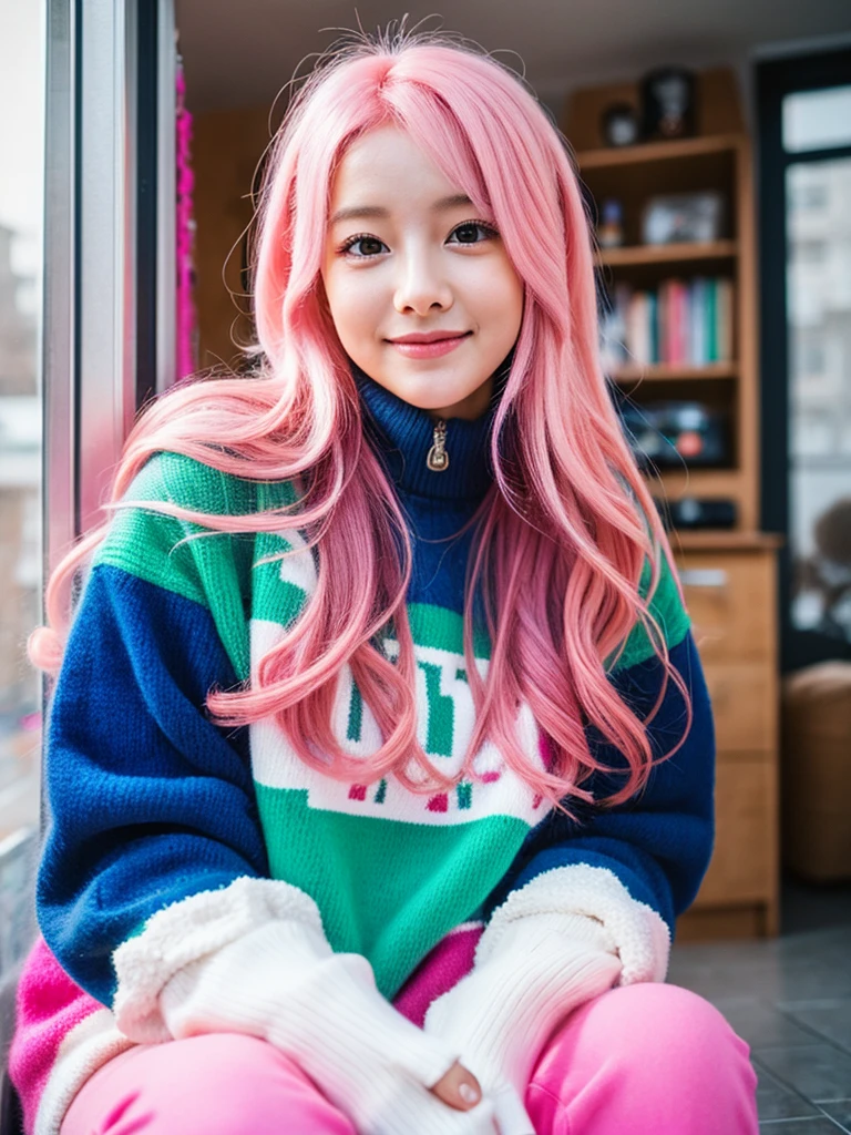 gamer girl, vibrant pink hair, long hair, makeup, winter, home