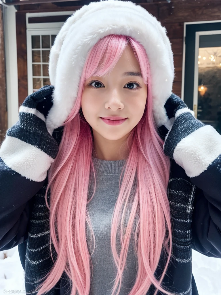 gamer girl, vibrant pink hair, long hair, makeup, winter, home