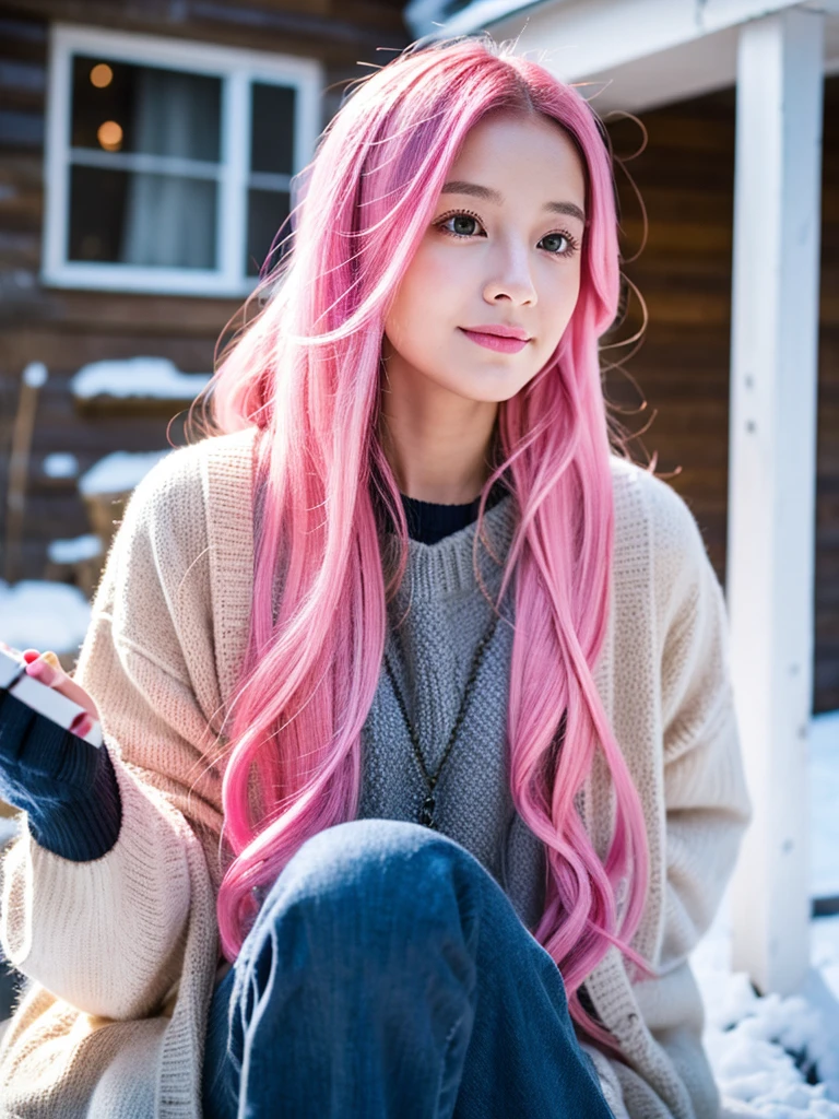 gamer girl, vibrant pink hair, long hair, makeup, winter, home