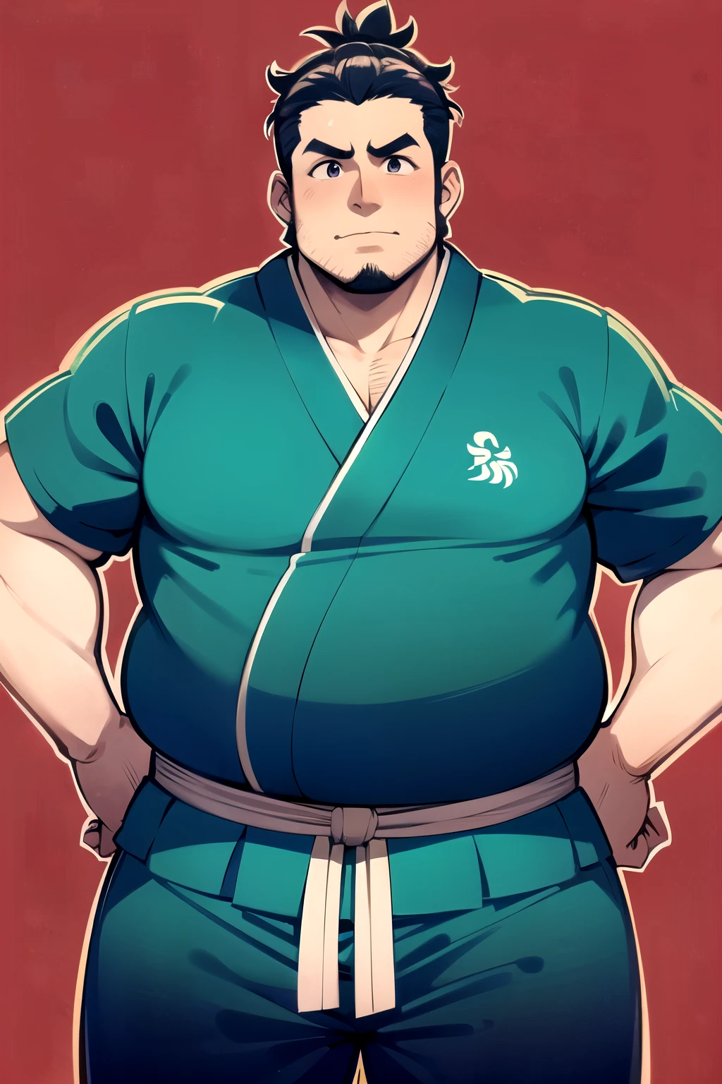 Overall picture of Echigo Province where a fat boy wears a gi and is made to take off his clothes by his instructor and has his nipples played with.