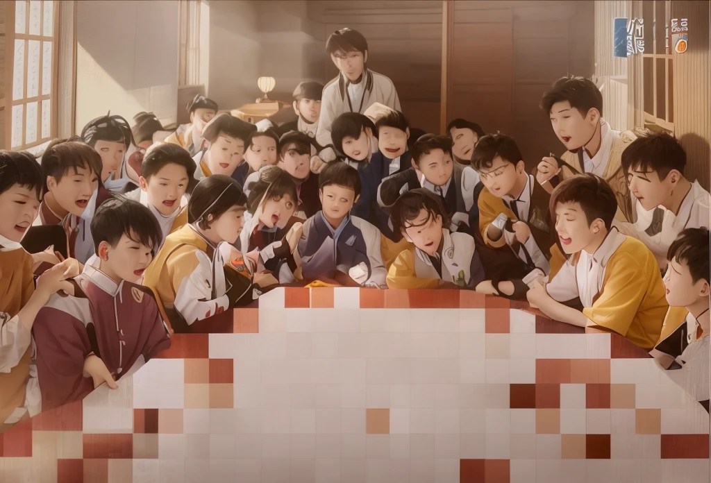 There are many children in the school posing together for pictures, A masterpiece by Guwiz, guweiz, Guweiz style artwork, video static, Screenshot of the animated movie, Still from music videos, cai xukun, yanjun chengt,  video still, movie screen shot, Scenes from live-action movies, last supper realistic robot