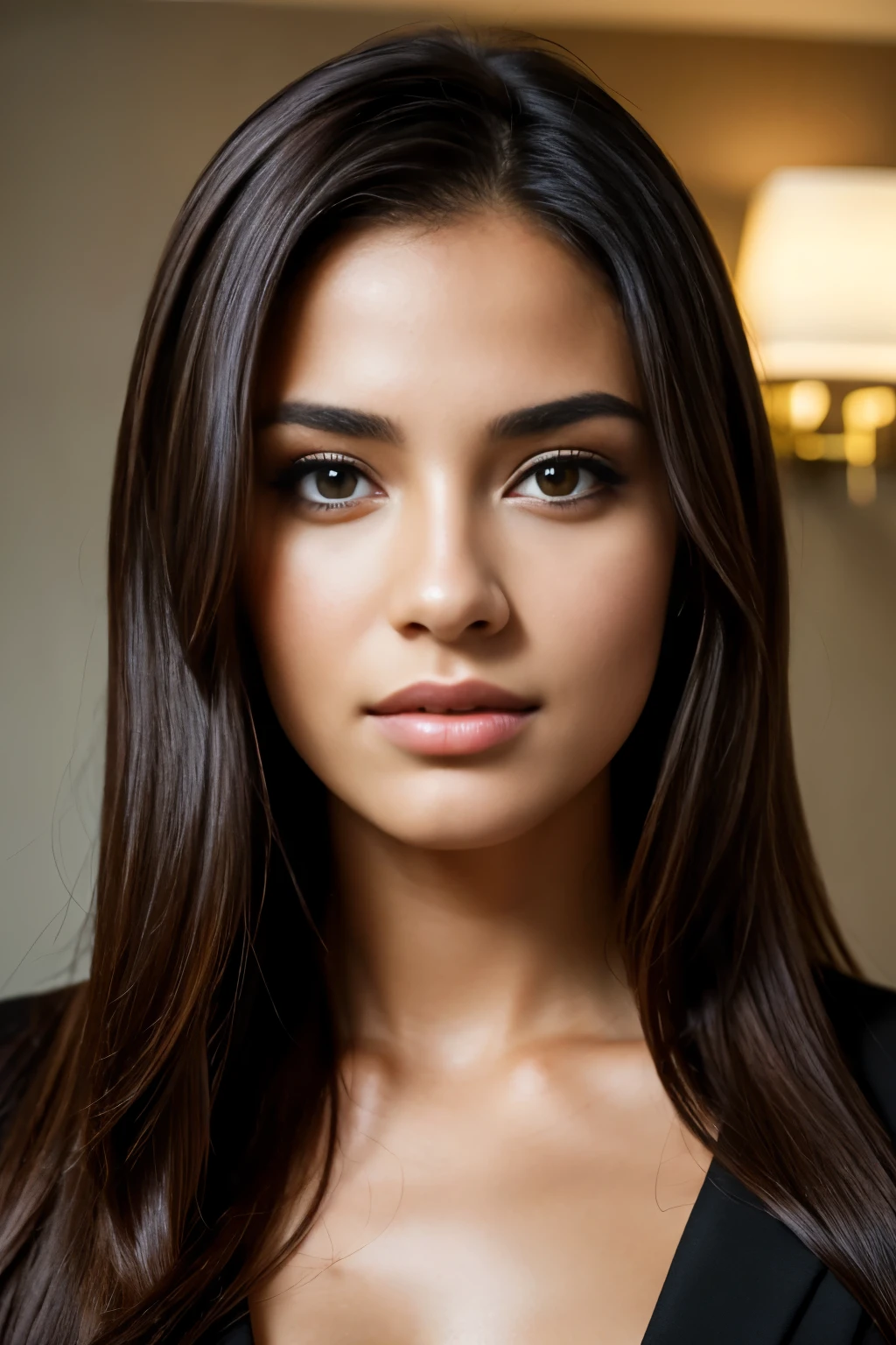 a beautiful girl, realistic , 4k, beautiful face , portrait , waring black suite, at hotel room