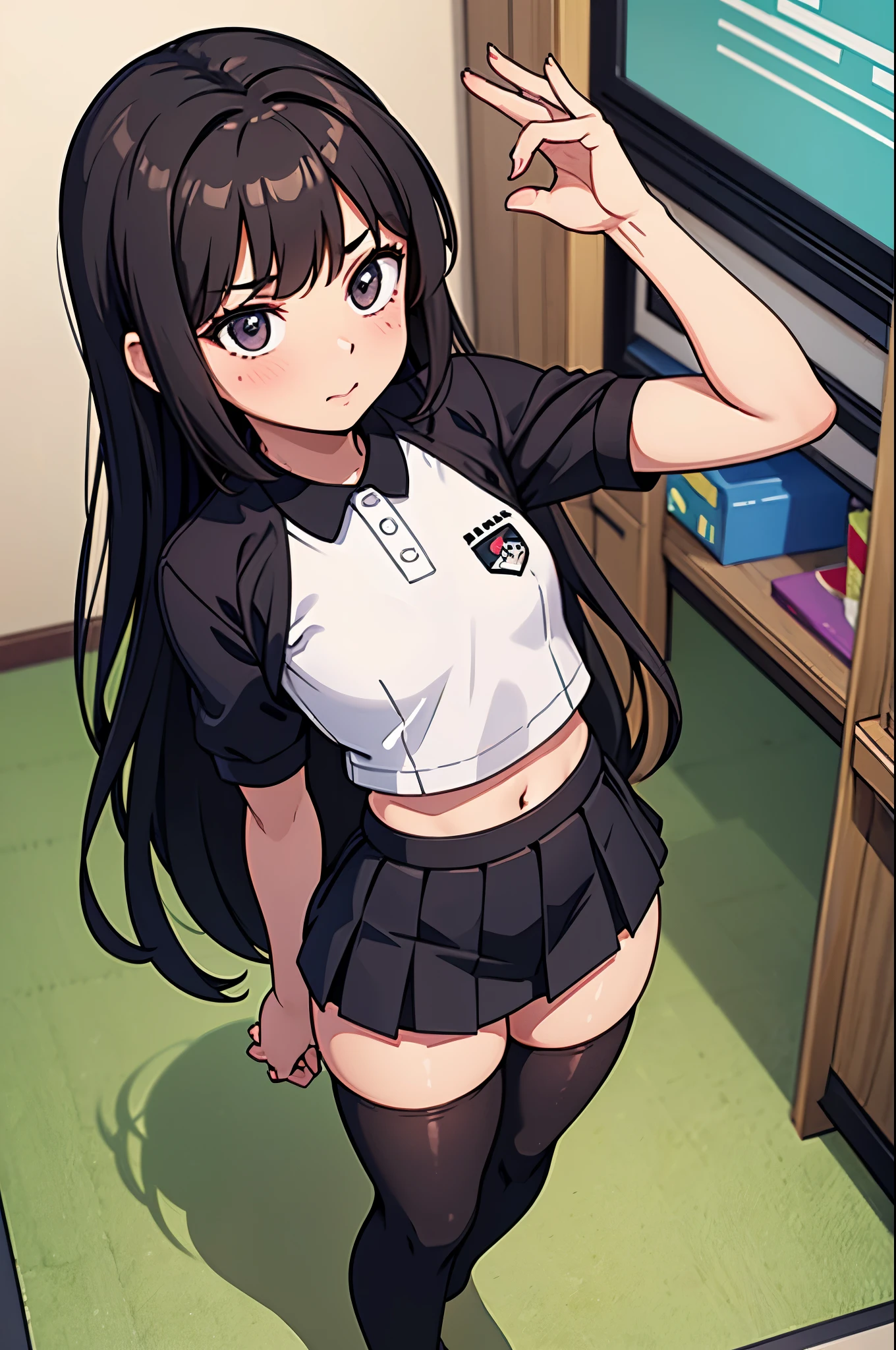 1woman, brunette hair, hair covering right eye,  blushing, spaggethi string crop top, small pleated black skirt, black thigh-highs, pulling up her thigh-highs over her thigh, pulling up her right legging, no shoes, classroom background, from above