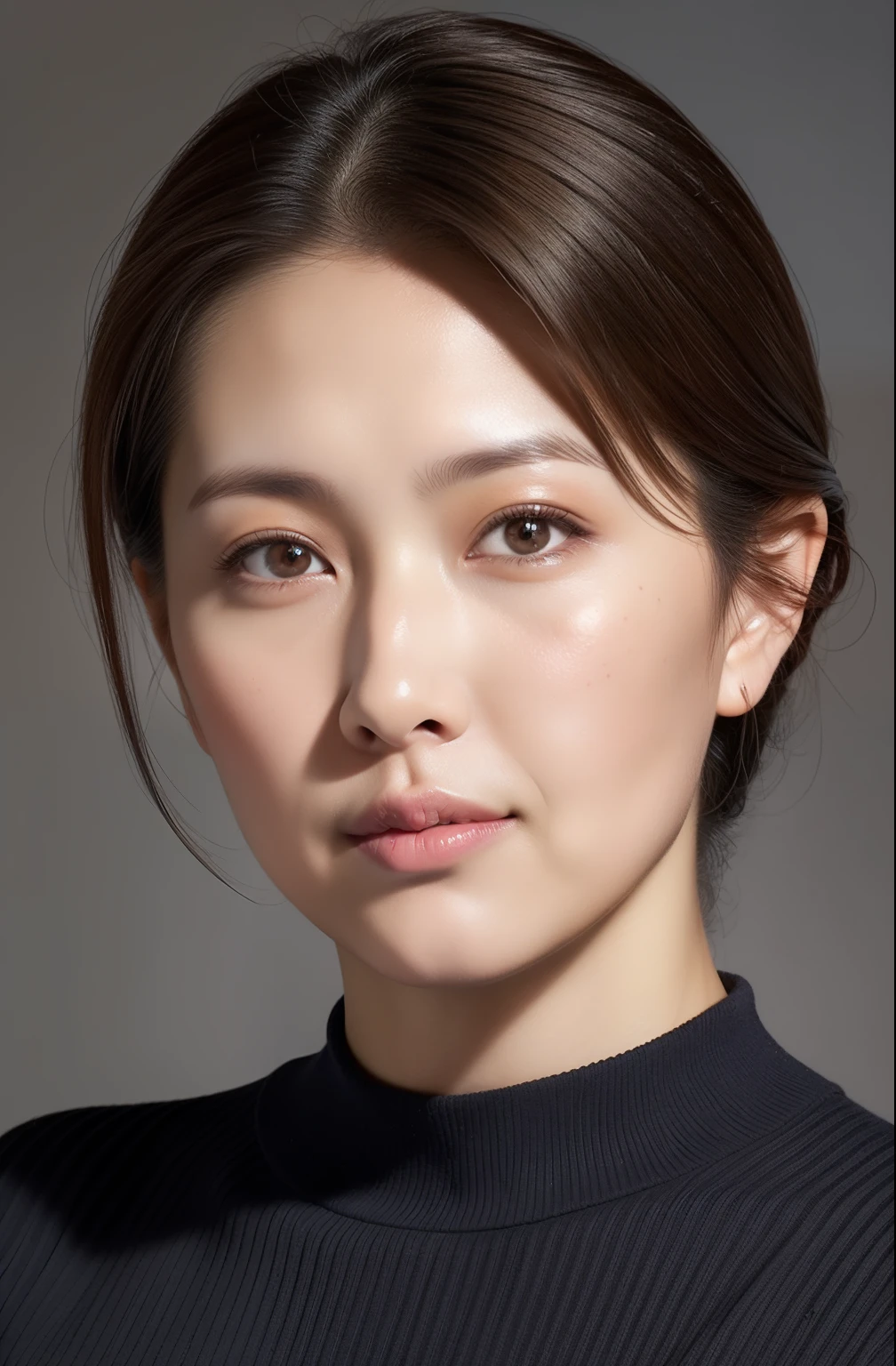 hight resolution, high-level image quality, high detailing, ​masterpiece, Textured skin, tre anatomically correct, sharp, greybackground((japanese mature, 20yr old)), 独奏, ((Wrinkles on the face)), large breasts with good shape, Straight light brown hair that reaches to the shoulders, chubby figure (((erect through, facing the center of the screen.))), Close your mouth and look straight ahead with a serious face, Sweaters, skirt by the, ((cowboy  shot)),
