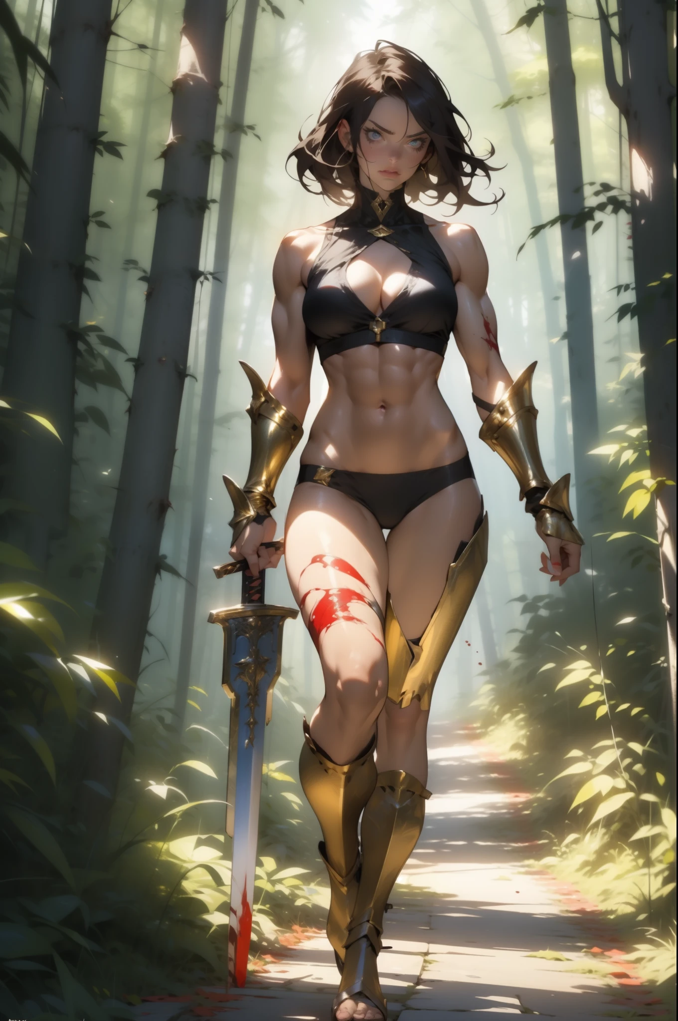 ((Simon Bisley)), Beautiful full-body woman, 30 years old, muscular and perfect body, medieval warrior with little clothing, tiny thong, golden metal bra, arm covered by a metallic armor, large breasts, generous neckline, holding a blood-stained sword, brave face, dark kingdom, sexy pose, walking in a forest
