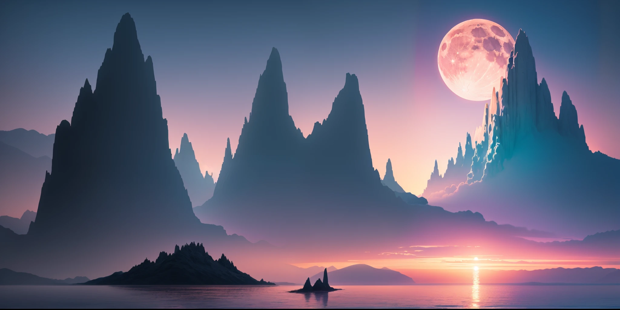 there is a large moon rising over a mountain with a body of water, impressive fantasy landscape, epic dreamlike fantasy landscape, mystical fantasy landscape, fantasy landscape, fantasy planet, high fantasy landscape, epic fantasy landscape, moon landscape, stuning fantasy 3 d render, 4k highly detailed digital art, arstation and beeple highly, 4k fantasy art