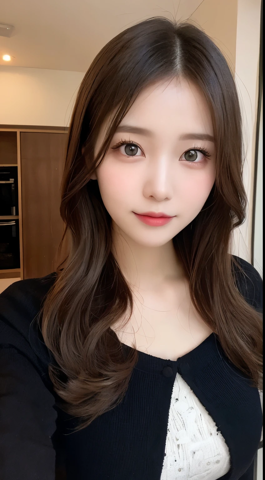masutepiece, Best Quality, Illustration, Ultra-detailed, finely detail, hight resolution, 8K Wallpaper, Perfect dynamic composition, Beautiful detailed eyes, Gorgeous black fluffy Tokyo winter clothes,random cute hair,small tits,Natural Color Lip, Bold sexy poses,Smile、20 years girl、Cute、Sexy shot looking at camera,常にBlur the background,Perfect and beautiful face,Take only the face,beautiful and detailed face、slim face and style,Big eyes、Do gal makeup、Living room of luxury designer tower apartment、Blur the background、Cute hairstyles、pretty pose、Take a photo through the mirror