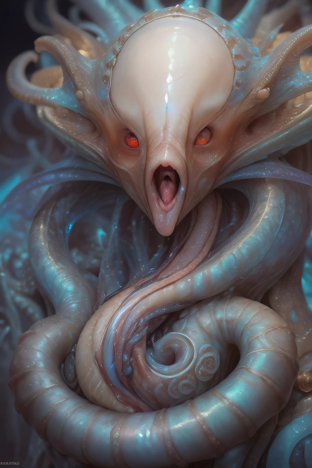 Portrait, (1 beautiful female alien:1.2), ((There is a female genital-like organ in the middle of the forehead:1.9)), (The most beautiful face in the history of the universe:1.2), (Scarlet eyes that shine mysteriously:1.6), (Translucent skin:1.8), an evil gaze that seduces, (red eyes:1.5), (large mouth:1.1), sharp teeth like a shark, Full body like, (bio luminescent:1.2), (Smile wickedly:1.3), (sexypose:1.5), alien, No humans, cells are fused, (Lots of translucent tentacles:1.1) (Translucent skin:1.3), extraterrestrial, cell, bio image, Best Quality, 8K,4K_quality, High Definition, Dramatic Lighting, masutepiece:1.5,cinematic quality, detail up, (Intricate details:1.2), High resolution, High Definition, drawing faithfully, (Thick eyebrows:1.2), Beautiful eyes with fine symmetry, (Ultra detailed eyes:1.2),(Highly detailed face and eyes:1.2), (High-resolution red-eye:1.4), Intimate face, (Super detailed skin quality feeling:1.4), Perfect Anatomy, (Beautiful toned body:1.5), (Moist skin:1.2), No makeup, (dark circles:1.1), long canines, cinematic drawing of characters, ultra high quality model, cinematic quality, detail up, (Intricate details:1.2), High resolution, High Definition, drawing faithfully, Official art, Unity 8K wall , 8K Portrait, Best Quality, Very High resolution, ultra detailed artistic photography, midnight aura, unreal enginee 5, Ultra Sharp Focus, art by alberto seveso, ArtGerm, Roisch, intricate artwork, best quality, masutepiece, ultra High resolution, (photos realistic:1.4), Ultra-realistic realism, dream-like, nautilus, Creation of fantasy, Snail, Dream Snail, (biopunk nautilus:1.3), Thrilling color schemes, Ultra-realistic realism, seductively smiling, Blue tentacles