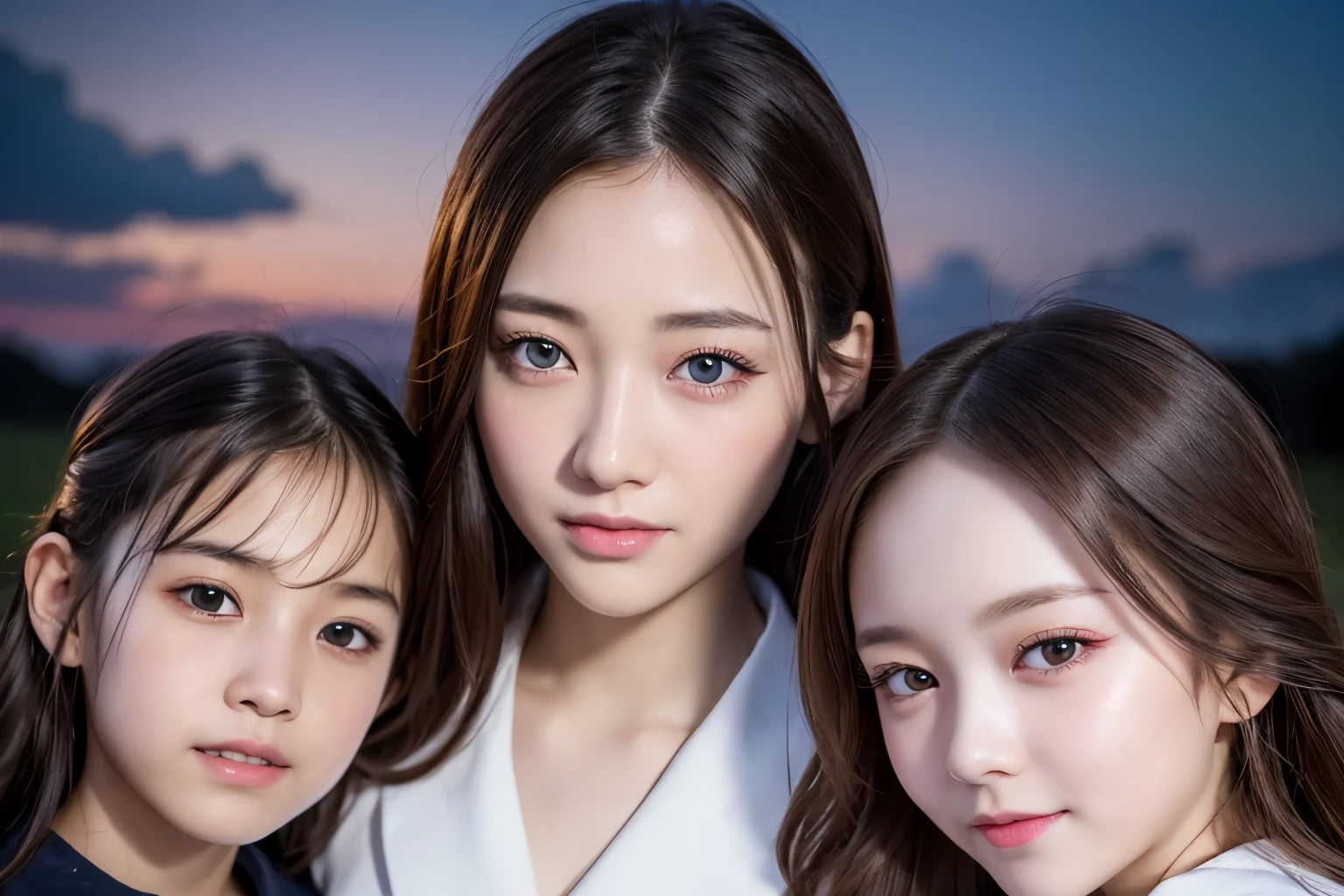 outdoor, beautiful sky, twilight, kids, full body, boy and girl, older sister and younger brother, smile, beautiful face, double eyelids, long eyelashes, glowing eyes, highly detailed eyes, highly detailed pupils, highly detailed face, asian girl, masterpiece, 8k quality,