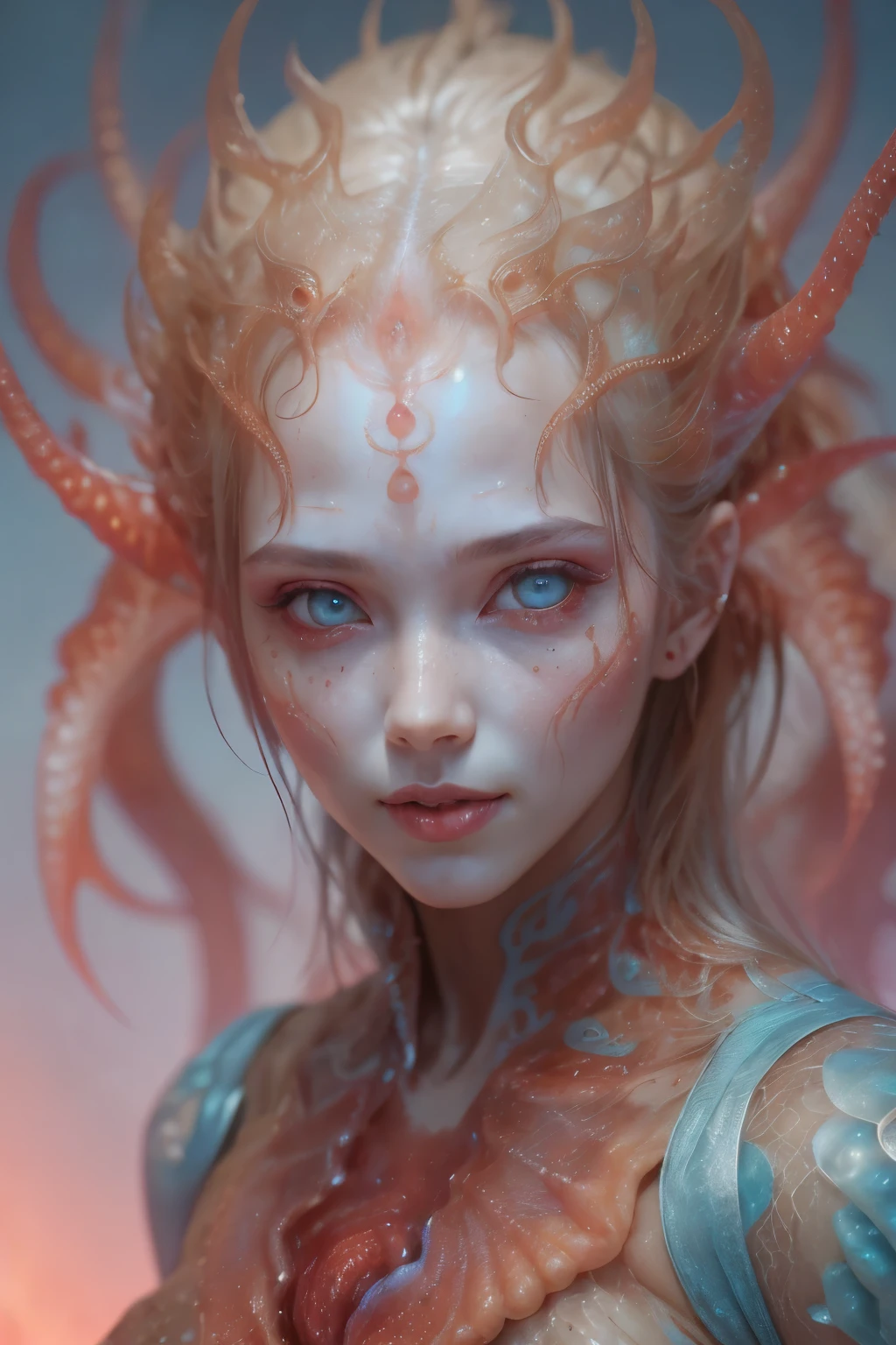 Portrait, (1 beautiful female alien:1.2), ((There is a female genital-like organ in the middle of the forehead:1.9)), (The most beautiful face in the history of the universe:1.2), (Scarlet eyes that shine mysteriously:1.6), (Translucent skin:1.8), an evil gaze that seduces, (red eyes:1.5), (large mouth:1.1), sharp teeth like a shark, Full body like, (bio luminescent:1.2), (Smile wickedly:1.3), (sexypose:1.5), alien, No humans, cells are fused, (Lots of translucent tentacles:1.1) (Translucent skin:1.3), extraterrestrial, cell, bio image, Best Quality, 8K,4K_quality, High Definition, Dramatic Lighting, masutepiece:1.5,cinematic quality, detail up, (Intricate details:1.2), High resolution, High Definition, drawing faithfully, (Thick eyebrows:1.2), Beautiful eyes with fine symmetry, (Ultra detailed eyes:1.2),(Highly detailed face and eyes:1.2), (High-resolution red-eye:1.4), Intimate face, (Super detailed skin quality feeling:1.4), Perfect Anatomy, (Beautiful toned body:1.5), (Moist skin:1.2), No makeup, (dark circles:1.1), long canines, cinematic drawing of characters, ultra high quality model, cinematic quality, detail up, (Intricate details:1.2), High resolution, High Definition, drawing faithfully, Official art, Unity 8K wall , 8K Portrait, Best Quality, Very High resolution, ultra detailed artistic photography, midnight aura, unreal enginee 5, Ultra Sharp Focus, art by alberto seveso, ArtGerm, Roisch, intricate artwork, best quality, masutepiece, ultra High resolution, (photos realistic:1.4), Ultra-realistic realism, dream-like, nautilus, Creation of fantasy, Snail, Dream Snail, (biopunk nautilus:1.3), Thrilling color schemes, Ultra-realistic realism, seductively smiling, Blue tentacles