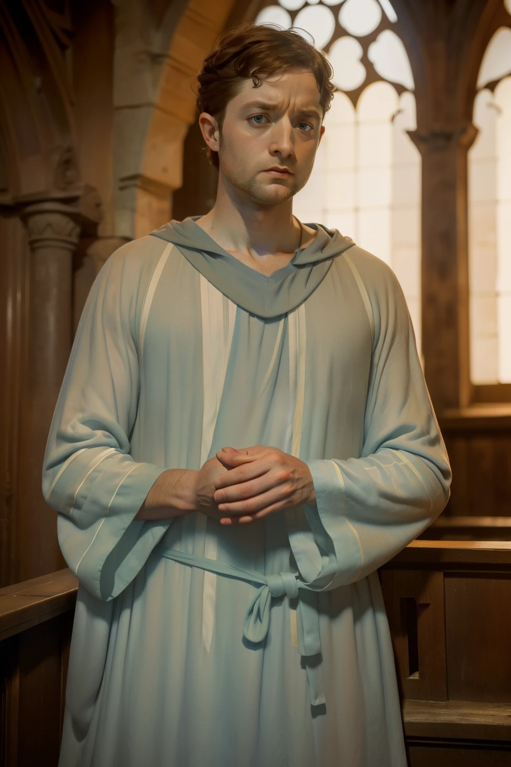 1144, Cherbourg, France. Otherworldly scene in a medieval monastery, ((((35-year-old)) Richard Rankin)), monk, ((angry expression, frowning)), ((((plain tunic gown from the 12th century)))), ((Hairstyle of the 12th century)), ((Wes Anderson cinematic style)), colorful