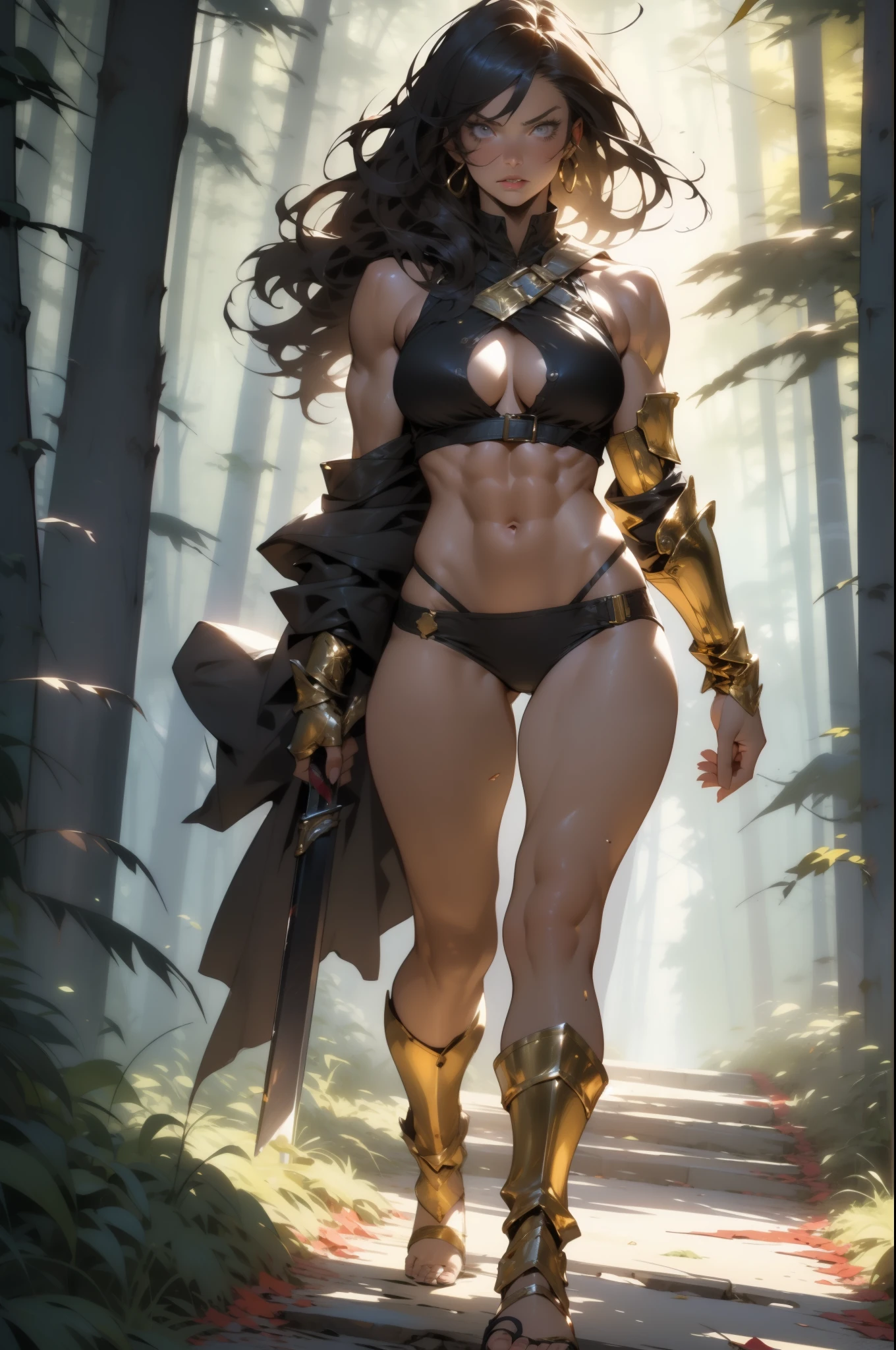 ((Simon Bisley)), Beautiful full-body woman, 30 years old, muscular and perfect body, medieval warrior with little clothing, tiny thong, golden metal bra, arm covered by a metallic armor, large breasts, generous neckline, holding a blood-stained sword, brave face, dark kingdom, sexy pose, walking in a forest