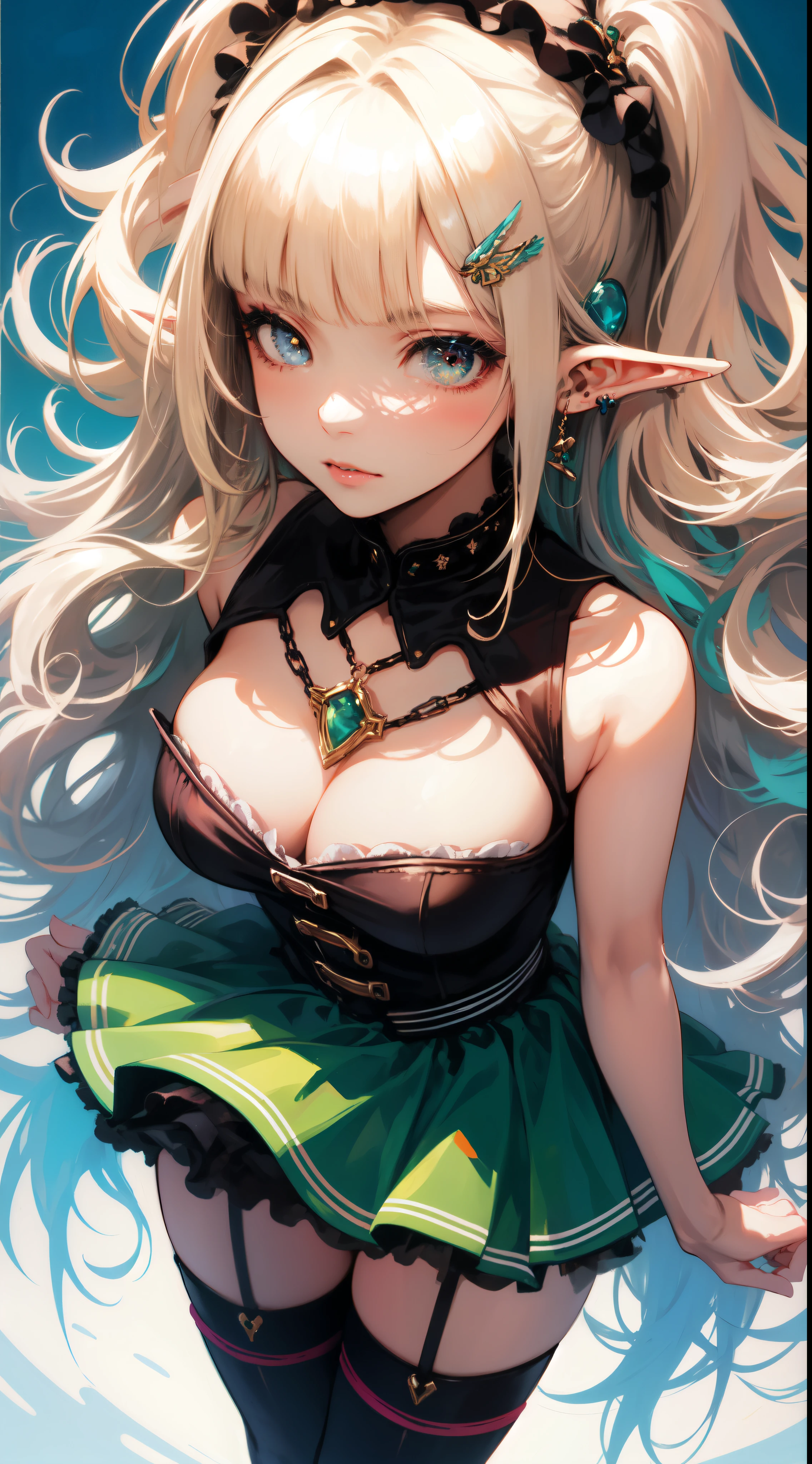 (masterpiece, top quality, best quality, official art, beautiful and aesthetic:1.2), ((elf)), ((1girl)), extreme detailed,(fractal art:1.3),colorful,highest detailed, Cowboy shot, from above, art by Artgerm, by wadim kashin, by Kawacy, by Yoshitaka Amano, BREAK, (elf), (1girl), solo, perfect face, details eye, Blunt bangs, Blonde white hair, (hair between eye), eyelashes, eyeshadow, pink eyeshadow, BREAK, corsages, jirai kei, (jirai kei fashion:1.1), Frills, Skirts, Various accessories, (ear piercing), punky style, Japanese subculture, fashion, Stockings, colorful, (Dark circles:1.2),