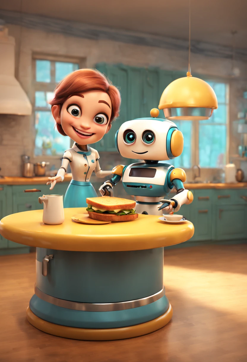 A robot butler named Rosie offers a grilled cheese sandwich to a little seated at the kitchen island. Rosie is designed to look friendly with big, round eyes and a smiling digital face on her screen. The girl laughs, delighted by her new robot friend. Cute, cheerful moment. Pixar, Disney, concept art, 3d digital art, Maya 3D, ZBrush Central 3D shading, bright colored background, radial gradient background, cinematic, Reimagined by industrial light and magic, 4k resolution post processing