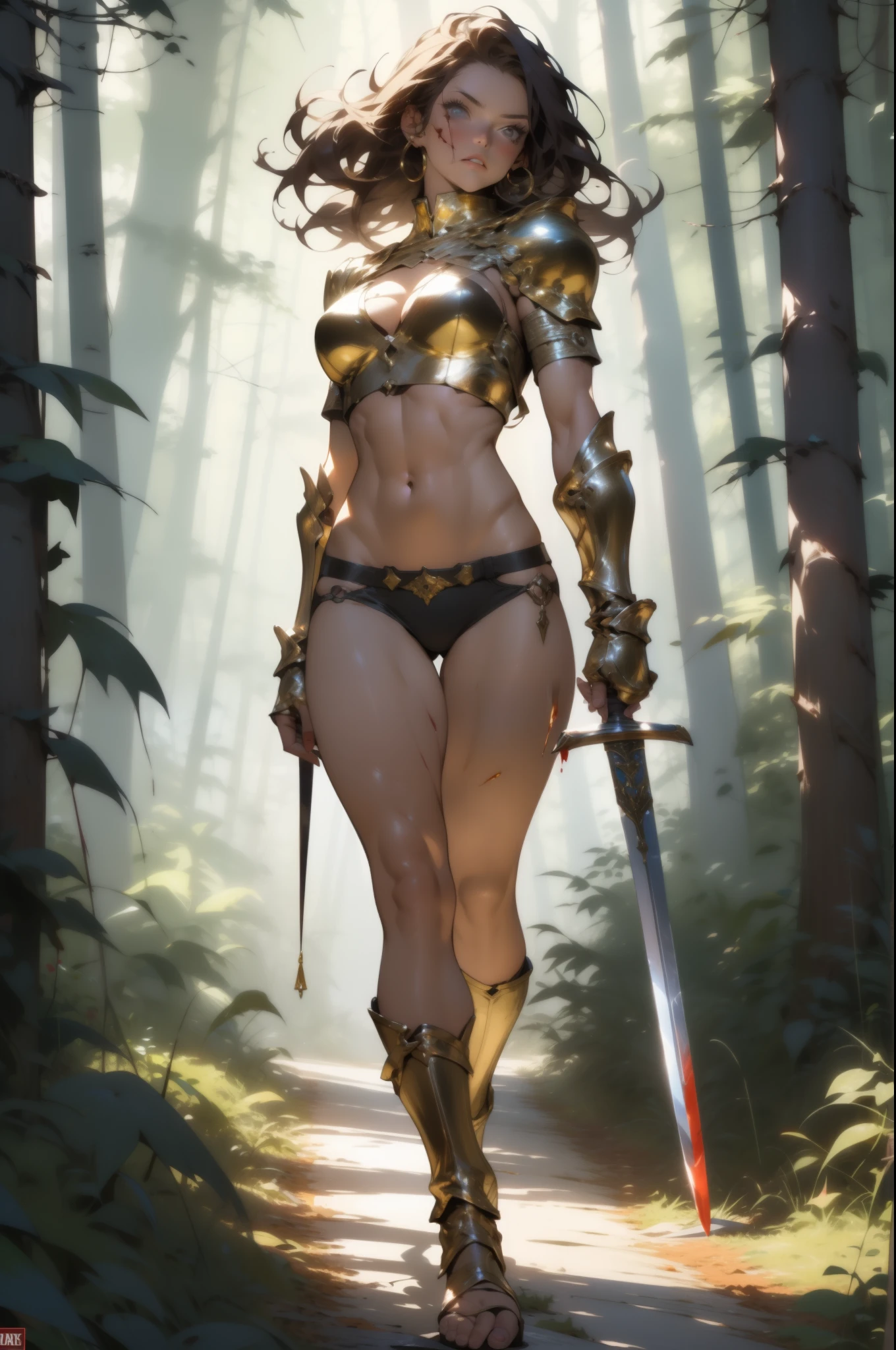 ((Simon Bisley)), Beautiful full-body woman, 30 years old, muscular and perfect body, medieval warrior with little clothing, tiny thong, golden metal bra, arm covered by a metallic armor, large breasts, generous neckline, holding a blood-stained sword, brave face, dark kingdom, sexy pose, walking in a forest