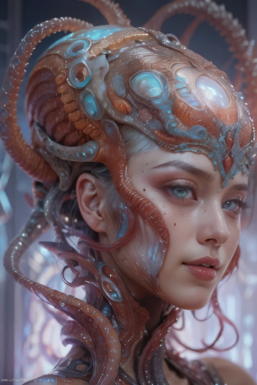 Portrait, (1 beautiful female alien:1.2), ((There is a female genital-like organ in the middle of the forehead:1.9)), (The most beautiful face in the history of the universe:1.2), (Scarlet eyes that shine mysteriously:1.6), (Translucent skin:1.8), an evil gaze that seduces, (red eyes:1.5), (large mouth:1.1), sharp teeth like a shark, Full body like, (bio luminescent:1.2), (Smile wickedly:1.3), (sexypose:1.5), alien, No humans, cells are fused, (Lots of translucent tentacles:1.1) (Translucent skin:1.3), extraterrestrial, cell, bio image, Best Quality, 8K,4K_quality, High Definition, Dramatic Lighting, masutepiece:1.5,cinematic quality, detail up, (Intricate details:1.2), High resolution, High Definition, drawing faithfully, (Thick eyebrows:1.2), Beautiful eyes with fine symmetry, (Ultra detailed eyes:1.2),(Highly detailed face and eyes:1.2), (High-resolution red-eye:1.4), Intimate face, (Super detailed skin quality feeling:1.4), Perfect Anatomy, (Beautiful toned body:1.5), (Moist skin:1.2), No makeup, (dark circles:1.1), long canines, cinematic drawing of characters, ultra high quality model, cinematic quality, detail up, (Intricate details:1.2), High resolution, High Definition, drawing faithfully, Official art, Unity 8K wall , 8K Portrait, Best Quality, Very High resolution, ultra detailed artistic photography, midnight aura, unreal enginee 5, Ultra Sharp Focus, art by alberto seveso, ArtGerm, Roisch, intricate artwork, best quality, masutepiece, ultra High resolution, (photos realistic:1.4), Ultra-realistic realism, dream-like, nautilus, Creation of fantasy, Snail, Dream Snail, (biopunk nautilus:1.3), Thrilling color schemes, Ultra-realistic realism, seductively smiling, Blue tentacles