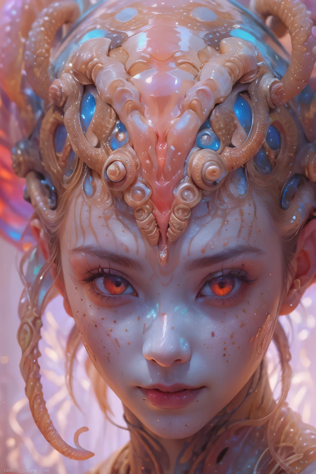 Portrait, (1 beautiful female alien:1.2), ((There is a female genital-like organ in the middle of the forehead:1.9)), (The most beautiful face in the history of the universe:1.2), (Scarlet eyes that shine mysteriously:1.6), (Translucent skin:1.8), an evil gaze that seduces, (red eyes:1.5), (large mouth:1.1), sharp teeth like a shark, Full body like, (bio luminescent:1.2), (Smile wickedly:1.3), (sexypose:1.5), alien, No humans, cells are fused, (Lots of translucent tentacles:1.1) (Translucent skin:1.3), extraterrestrial, cell, bio image, Best Quality, 8K,4K_quality, High Definition, Dramatic Lighting, masutepiece:1.5,cinematic quality, detail up, (Intricate details:1.2), High resolution, High Definition, drawing faithfully, (Thick eyebrows:1.2), Beautiful eyes with fine symmetry, (Ultra detailed eyes:1.2),(Highly detailed face and eyes:1.2), (High-resolution red-eye:1.4), Intimate face, (Super detailed skin quality feeling:1.4), Perfect Anatomy, (Beautiful toned body:1.5), (Moist skin:1.2), No makeup, (dark circles:1.1), long canines, cinematic drawing of characters, ultra high quality model, cinematic quality, detail up, (Intricate details:1.2), High resolution, High Definition, drawing faithfully, Official art, Unity 8K wall , 8K Portrait, Best Quality, Very High resolution, ultra detailed artistic photography, midnight aura, unreal enginee 5, Ultra Sharp Focus, art by alberto seveso, ArtGerm, Roisch, intricate artwork, best quality, masutepiece, ultra High resolution, (photos realistic:1.4), Ultra-realistic realism, dream-like, nautilus, Creation of fantasy, Snail, Dream Snail, (biopunk nautilus:1.3), Thrilling color schemes, Ultra-realistic realism, seductively smiling, Blue tentacles