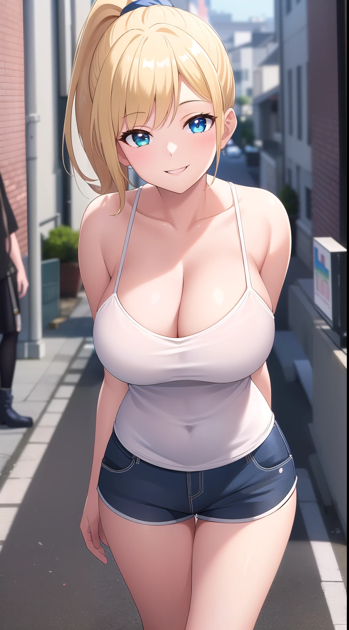 (best quality:1.5, highres, UHD, 4K, detailed lighting, shaders), blonde ponytail, large breasts, white camisole, cleavage, shorts, sexy, smiling, standing, pov, close shot, street background