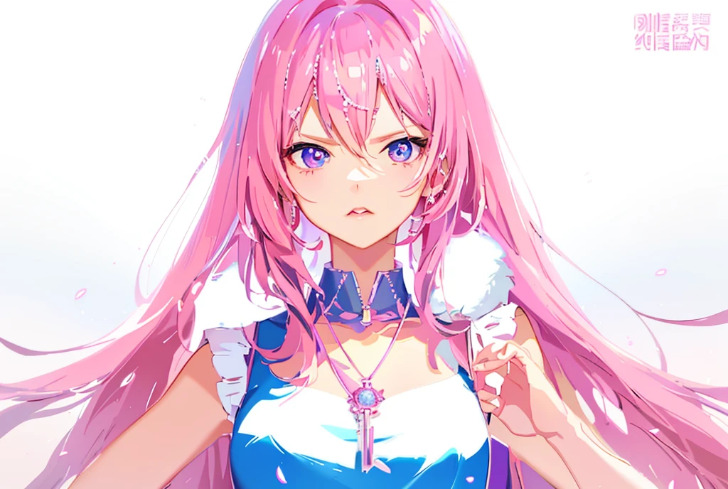 animemanga girl，A pink-haired，a blue dress，Cross necklace, detailed digital anime art, Guweiz style artwork, Digital art on Pixiv, guweiz on pixiv artstation, Anime visuals of a cute girl, Digital anime illustration, digital anime art, Realistic anime art style, anime styled digital art, anime in fantasy style