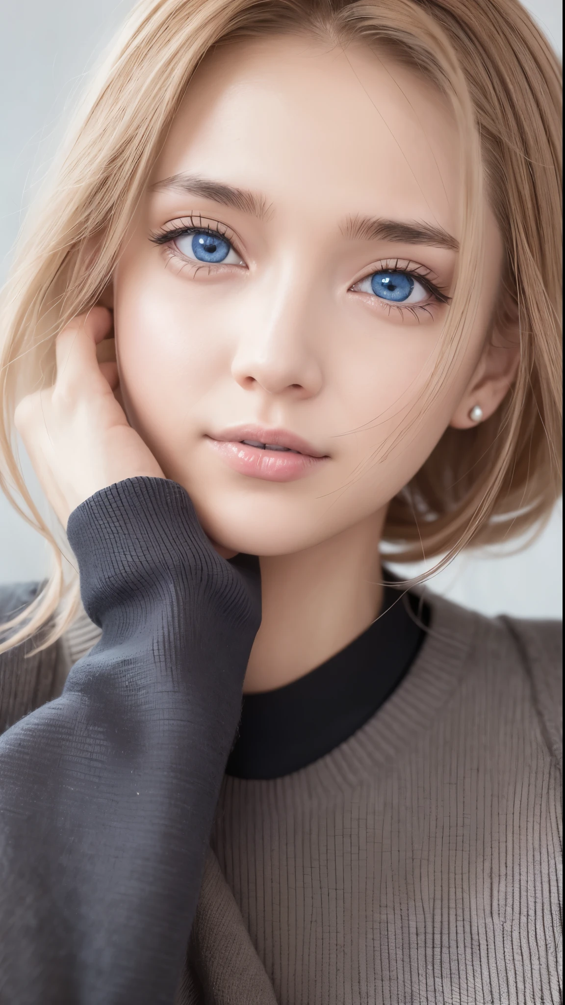(masutepiece), A sexy、Natural light, Photorealistic, Cameltoe, diffuse glow, depth of fields, big eye、profetional lighting、the eyes are blue、Russian、a blond、selfee、Black sweater、The background is home、
