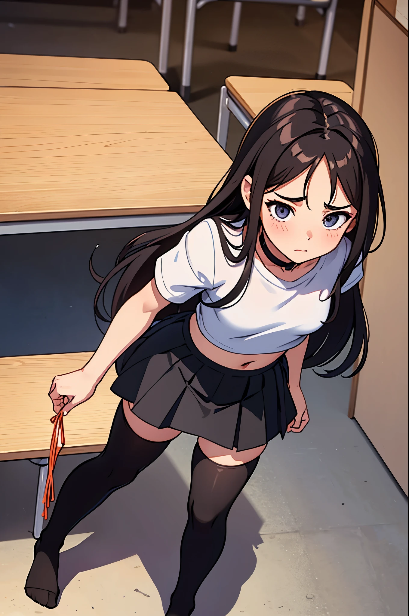 1woman, brunette hair, hair covering right eye,  blushing, spaggethi string crop top, small pleated black skirt, black thigh-highs, pulling up her thigh-highs over her thigh, pulling up her right legging, no shoes, classroom background, from above