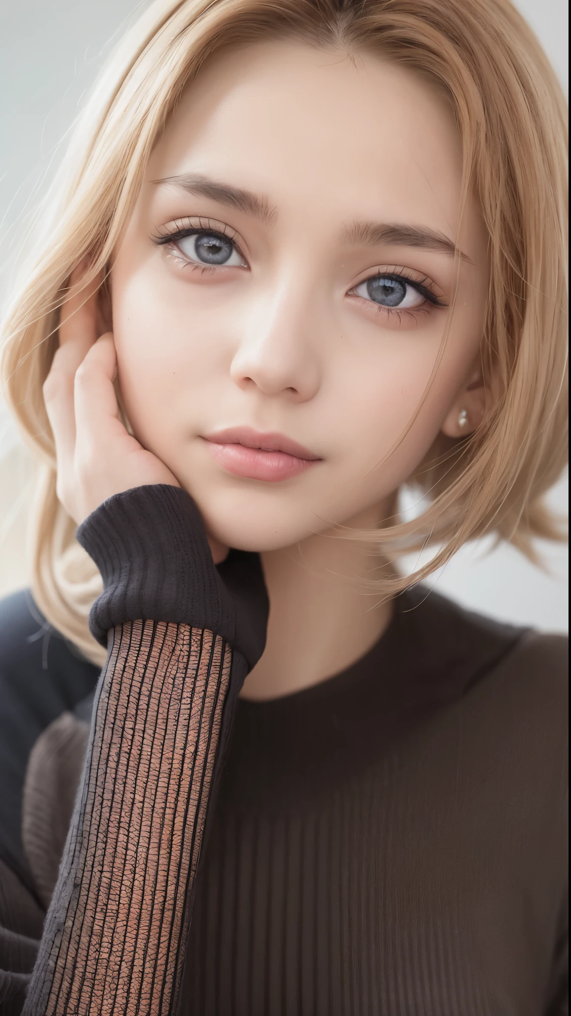 (masutepiece), A sexy、Natural light, Photorealistic, Cameltoe, diffuse glow, depth of fields, big eye、profetional lighting、the eyes are blue、Russian、a blond、selfee、Black sweater、The background is home、