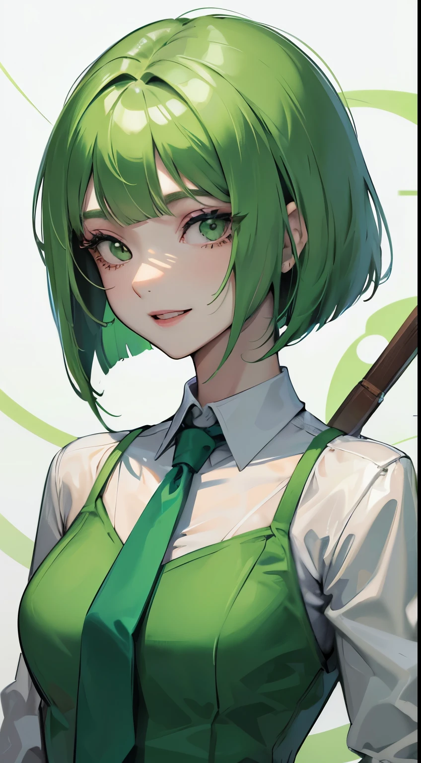 One lady、Green hair、ENFP、bob cuts、short-cut、Green shirt、Green tie、lively girl、Show your teeth and smile、green clothing、active