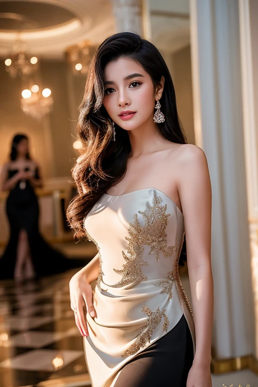 "In a glamorous evening setting, a young woman stands confidently and elegantly. She wears a long, fitted evening gown that emphasizes her figure. The dress is dark in color, enhanced by sparkling details. Her hair is styled in a sophisticated way and she wears discreet but luxurious jewelry. The background is a richly decorated reception hall."