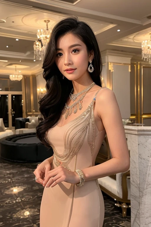 "In a glamorous evening setting, a young woman stands confidently and elegantly. She wears a long, fitted evening gown that emphasizes her figure. The dress is dark in color, enhanced by sparkling details. Her hair is styled in a sophisticated way and she wears discreet but luxurious jewelry. The background is a richly decorated reception hall."