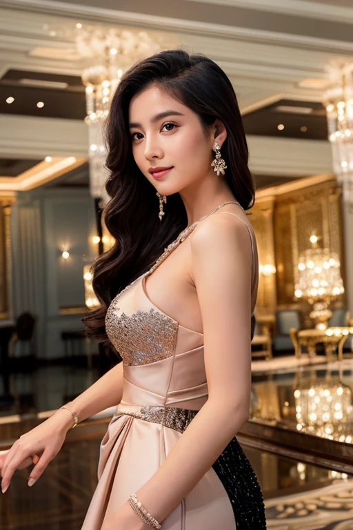 "In a glamorous evening setting, a young woman stands confidently and elegantly. She wears a long, fitted evening gown that emphasizes her figure. The dress is dark in color, enhanced by sparkling details. Her hair is styled in a sophisticated way and she wears discreet but luxurious jewelry. The background is a richly decorated reception hall."