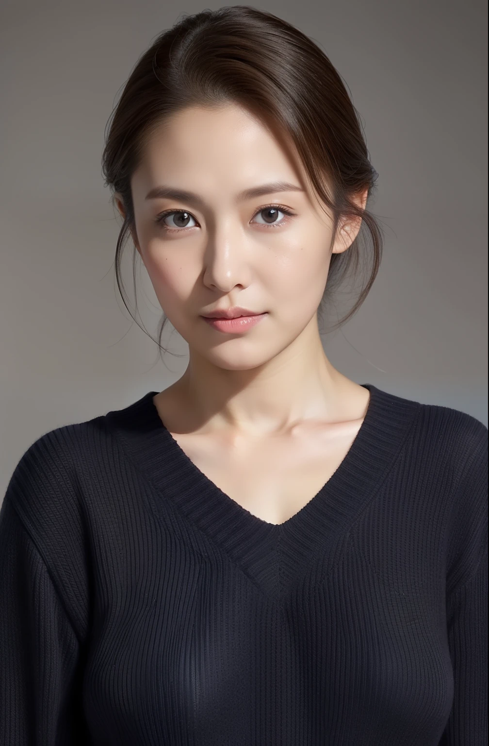 hight resolution, high-level image quality, high detailing, ​masterpiece, Textured skin, tre anatomically correct, sharp, greybackground((japanese mature, 18year old)), 独奏, ((Wrinkles on the face)), large breasts with good shape, Straight light brown hair that reaches to the shoulders, chubby figure (((erect through, facing the center of the screen.))), Close your mouth and look straight ahead with a serious face, Sweaters, skirt by the, ((cowboy  shot)),