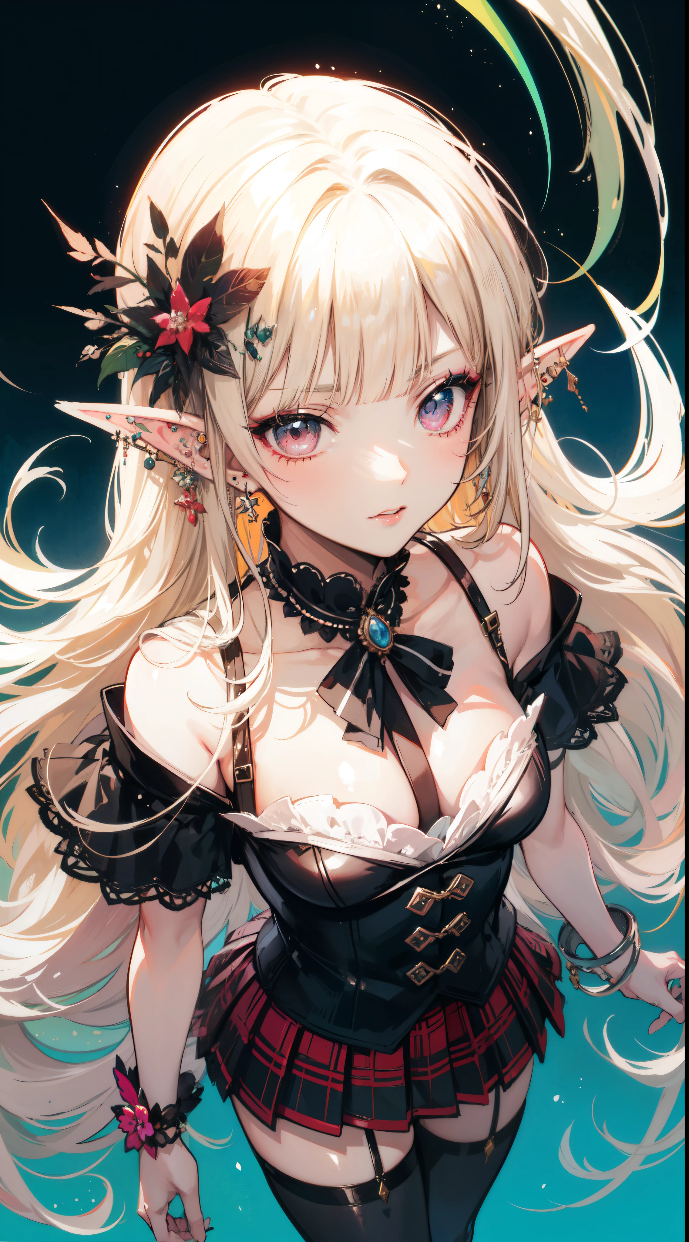 (masterpiece, top quality, best quality, official art, beautiful and aesthetic:1.2), ((elf)), ((1girl)), extreme detailed,(fractal art:1.3),colorful,highest detailed, Cowboy shot, from above,  art by Artgerm, by wadim kashin, by Kawacy, by Yoshitaka Amano, BREAK, (elf), (1girl), solo, perfect face, details eye, Blunt bangs, Blonde white hair, (hair between eye), eyelashes, eyeshadow, pink eyeshadow, BREAK, corsages, jirai kei, (jirai kei fashion:1.1), Frills, Skirts, Various accessories, (ear piercing), punky style, Japanese subculture, fashion, Stockings, colorful, (Dark circles:1.2),