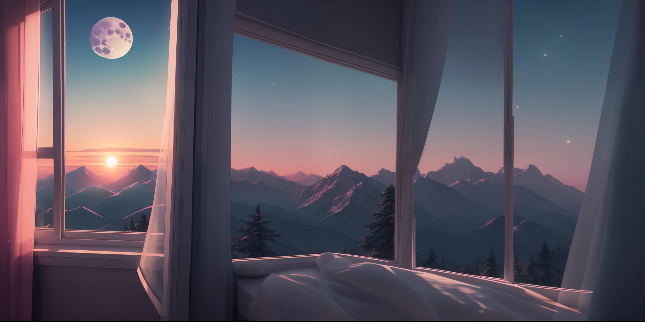 there is a window with a view of the mountains and the moon, dream-like atmosphere 8k, mountain sunrise, soft glowing windows, beautiful and aesthetic, vaporwave sunrise background, inspired by Mike Winkelmann, beautiful aesthetic, sunset mood, 3 d render people, sunset view, dreamy scene, sun rises between two mountains, beautiful morning, window view