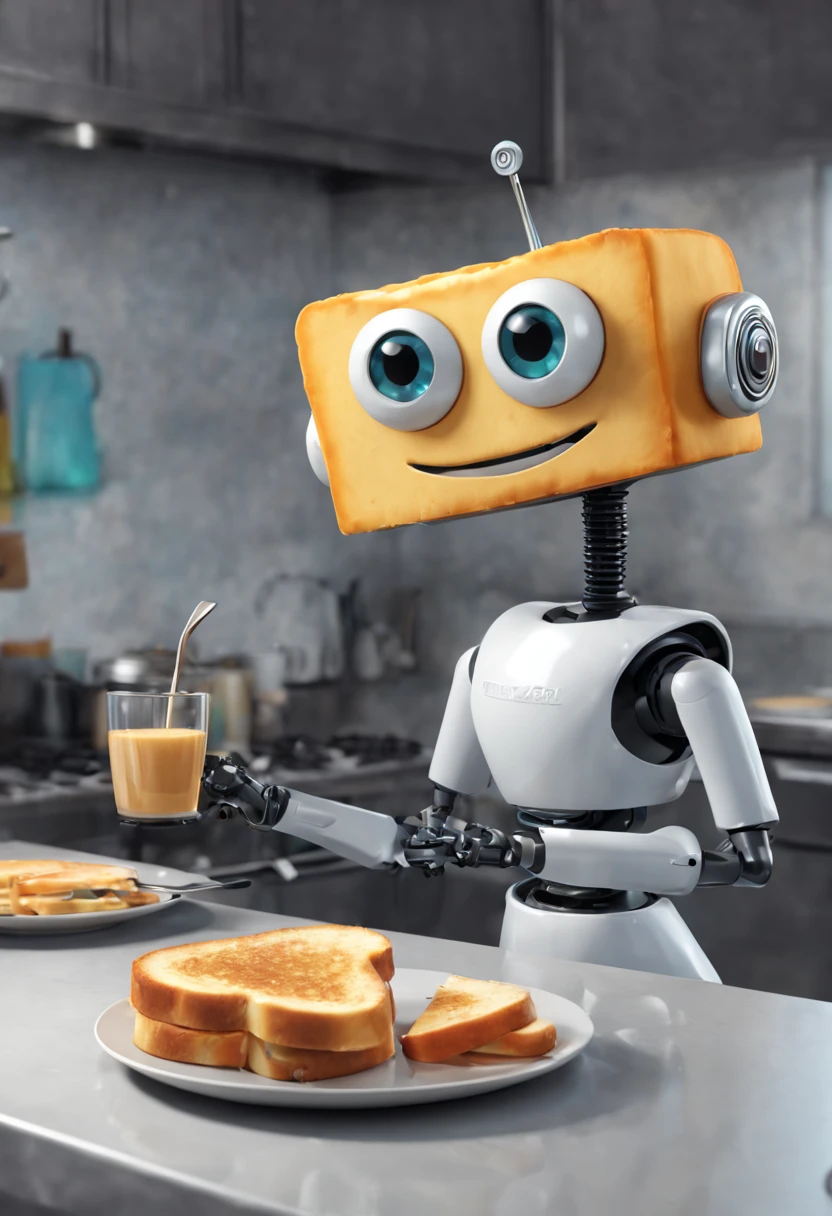 A robot butler named Rosie offers a grilled cheese sandwich to a little seated at the kitchen island. Rosie is designed to look friendly with big, round eyes and a smiling digital face on her screen. The girl laughs, delighted by her new robot friend. Cute, cheerful moment. Pixar, Disney, concept art, 3d digital art, Maya 3D, ZBrush Central 3D shading, bright colored background, radial gradient background, cinematic, Reimagined by industrial light and magic, 4k resolution post processing