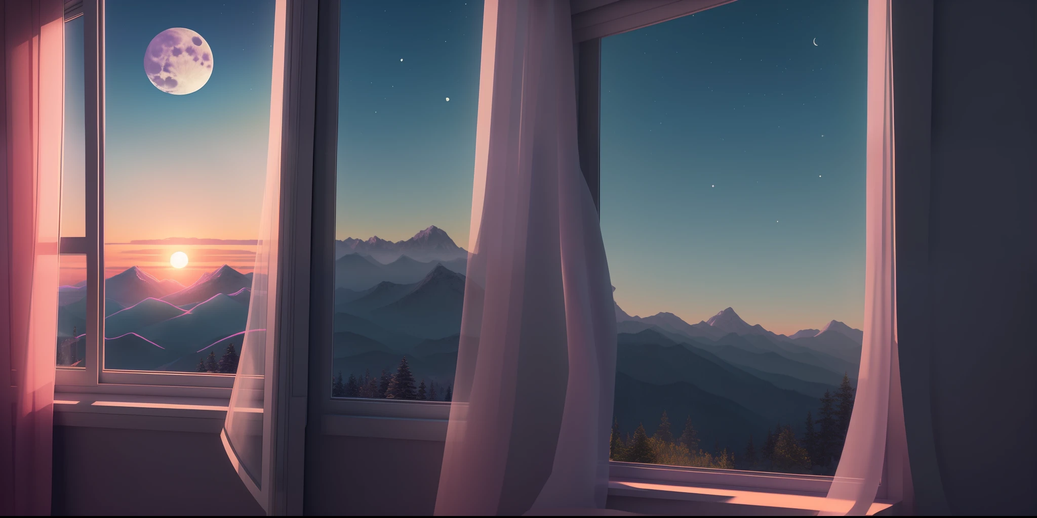 there is a window with a view of the mountains and the moon, dream-like atmosphere 8k, mountain sunrise, soft glowing windows, beautiful and aesthetic, vaporwave sunrise background, inspired by Mike Winkelmann, beautiful aesthetic, sunset mood, 3 d render people, sunset view, dreamy scene, sun rises between two mountains, beautiful morning, window view