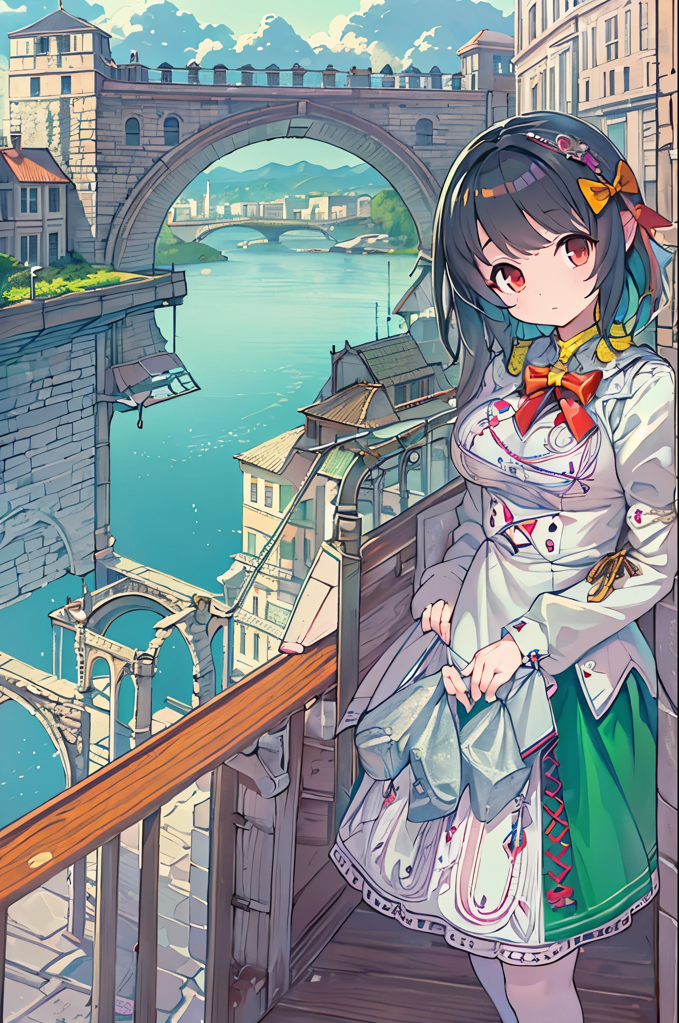 1girl in,Bangs,Black_hair,Blue_skyporn,Bridge,building,castle,city,cityscape,cloud,day,Dress,up looking_で_viewer,Outdoors,Red_neckwear,Red_bow ribbon,bow ribbon,River,Short_hair,Short_sleeves,skyporn,skypornscraper,Solo,Standing,Town,Let's see,(masutepiece,Anime,newest,new,exceptional:1.2),