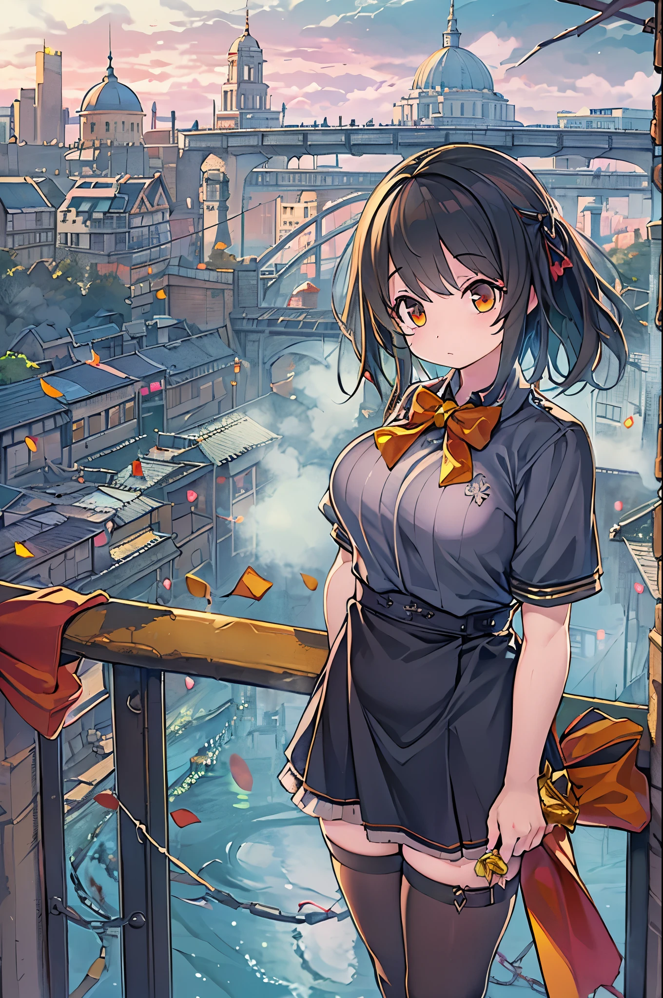 1girl in,Bangs,Black_hair,Blue_skyporn,Bridge,building,castle,city,cityscape,cloud,day,Dress,up looking_で_viewer,Outdoors,Red_neckwear,Red_bow ribbon,bow ribbon,River,Short_hair,Short_sleeves,skyporn,skypornscraper,Solo,Standing,Town,Let's see,(masutepiece,Anime,newest,new,exceptional:1.2),