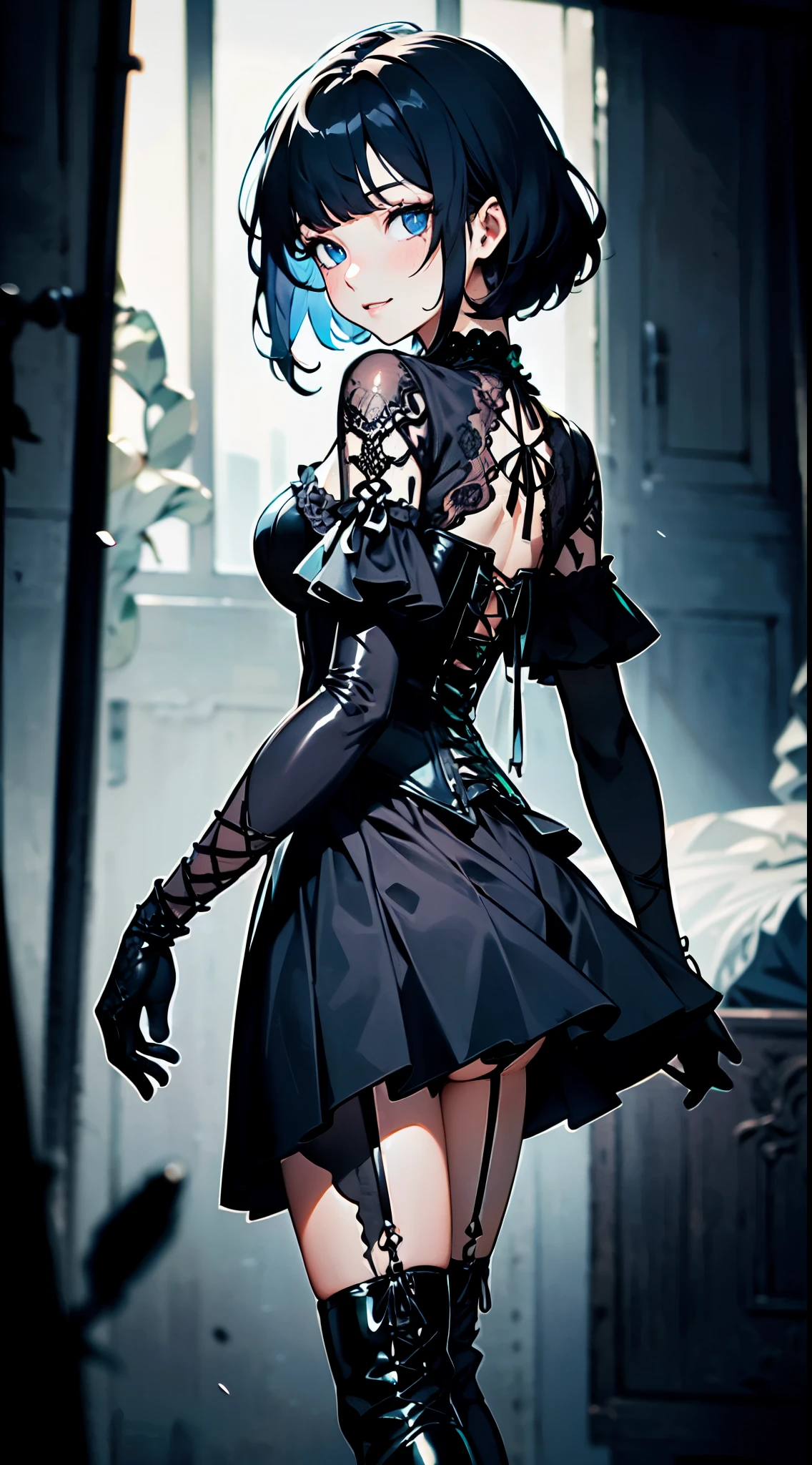 A gothic maiden anime young girl, dark blue haired, on-eyebrow bangs, bob cut hair, (Sanpaku blue eyes:1.3), unpleasant smile, standing with your back straight, perfect anatomy, (black dress in gothic style with detaild lacework and flowing layers:1.5), (black latex gloves:1.2), (lace-up boots:1.2), (corset:1.5), depth of fields, incredibly absurdres, super detailed illustration, extra detailed face, super detailed illustration, extra detailed face, raw photography, DeviantArt trends, natural soft light.
