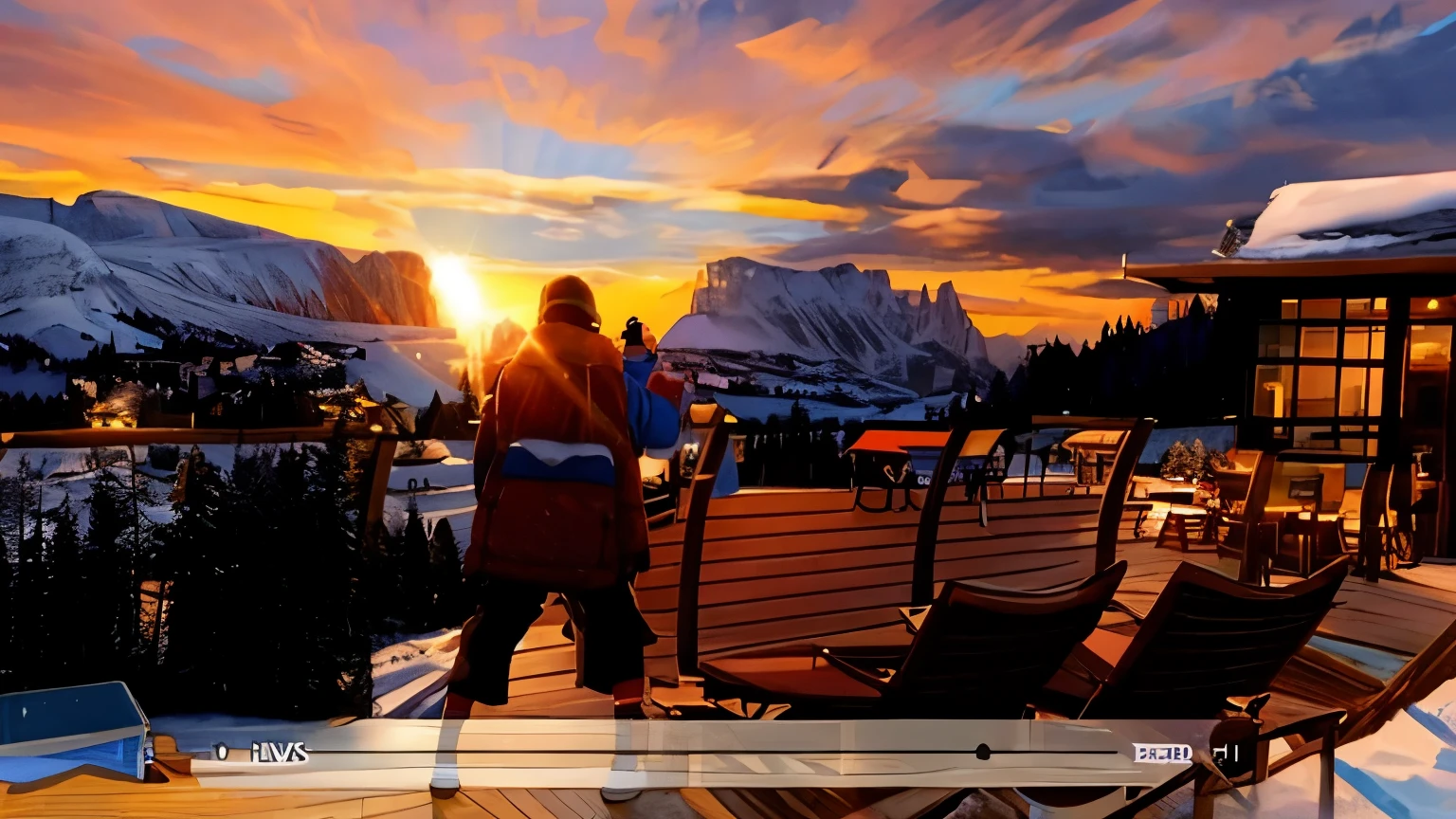 Skiers enjoying sunset on ski resort deck, low quality television show,  television show screenshot, low quality footage, Dolomites in the background, Dolomites in the background, the alps are in the background, Have a great time, television show, mountains and sunset!!, sun is in the top, great weather, With mountains as a backdrop, 480p