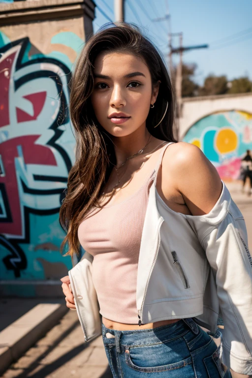 "In a modern urban setting, a young woman performs a photo shoot. She's dressed hip and youthful, with stylish jeans, a cropped top and a leather jacket. She poses next to a colorful graffiti wall, giving the scene a dynamic, artistic feel. The urban lighting adds a touch of realism to the image."