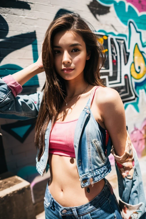 "In a modern urban setting, a young woman performs a photo shoot. She's dressed hip and youthful, with stylish jeans, a cropped top and a leather jacket. She poses next to a colorful graffiti wall, giving the scene a dynamic, artistic feel. The urban lighting adds a touch of realism to the image."