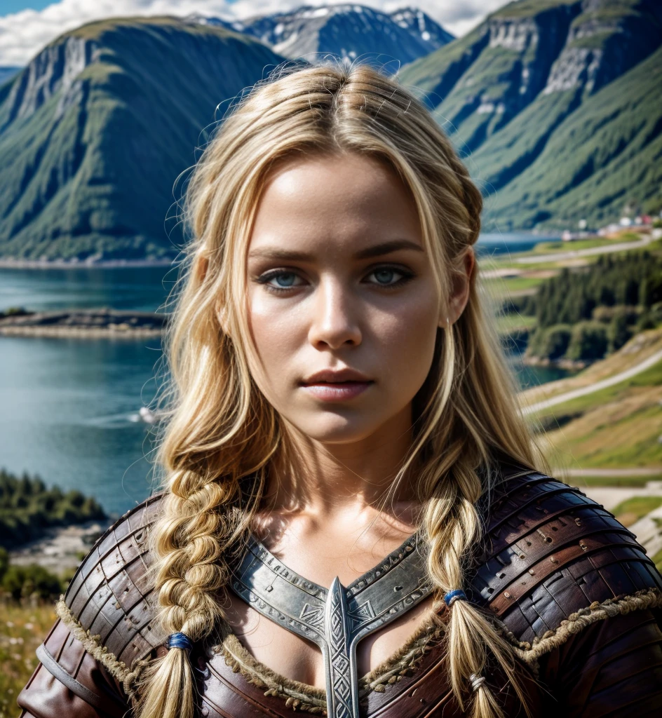 Masterpiece, 1girl, a beautiful 24 years old Norwegian girl, blonde hair, Athletic body, viking braided sidecut hair, (viking warrior costume:1.4), medium breasts, blue-grey eyes, high detailed eyes, very pale skin, screaming, insane details, realistic, detailed face, face paint, detailed skin texture, brutal, tough , determined, ultra high res.photorealistic:1.4, UHD, full body shot, beautiful Norwegian Fjord early morning the background, smooth lighting