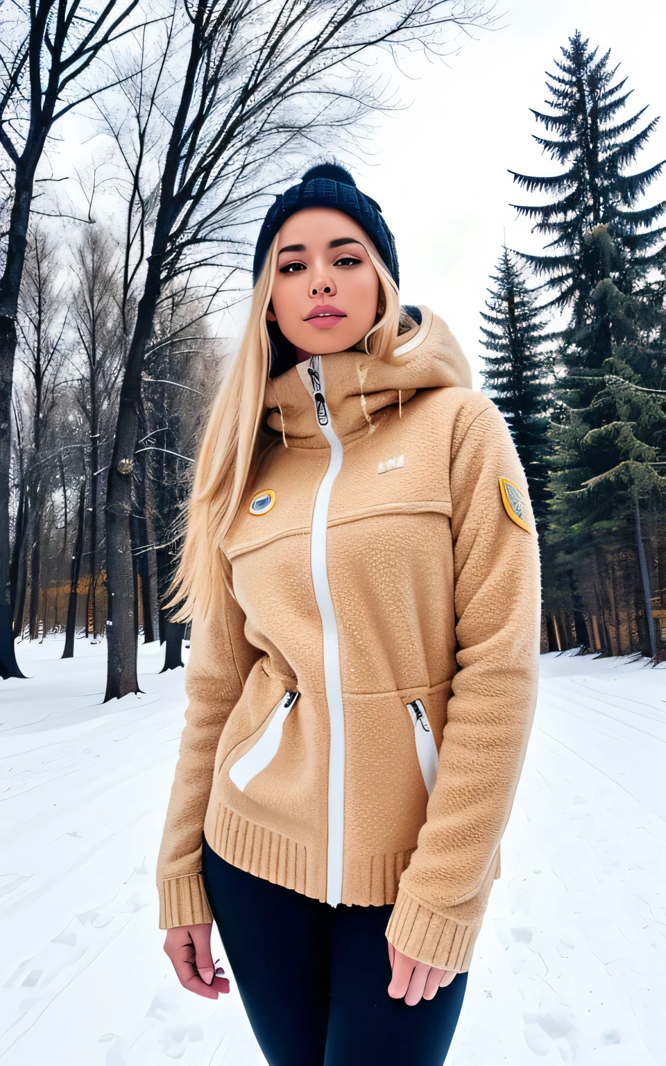 latina lady, blonde hair teid up, model pose, full body, skying outfit, winter nature background, detailed background, perfect lighting