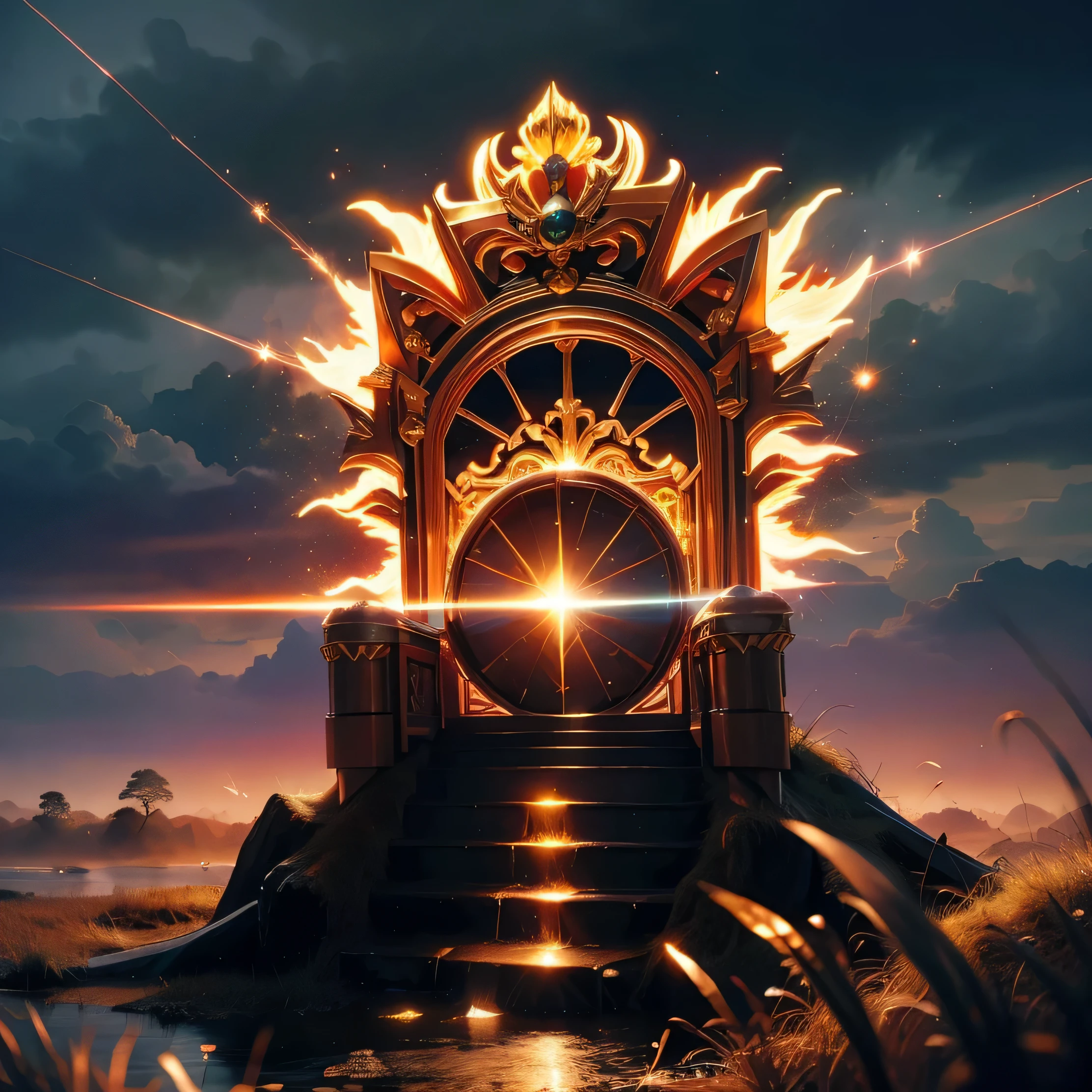 A majestic and regal lion, I'm using it crown, pride, its golden mane flowing in the wind as it prowls through the tall grass of the savannah. In the distance, the setting sun paints the sky in shades of fiery orange and deep purple, casting a warm and welcoming glow castle, throne gloryHD lighting and dark )<=(epic image quality)dark atmosphere with bright particle light(many effects in background)