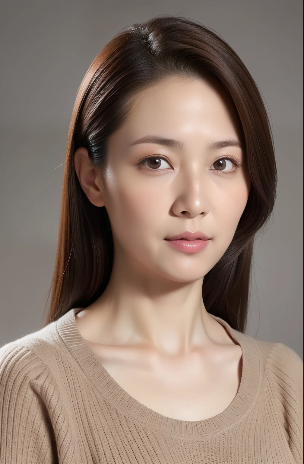 hight resolution, high-level image quality, high detailing, ​masterpiece, Textured skin, tre anatomically correct, sharp, greybackground((japanese mature, 18year old)), 独奏, ((Wrinkles on the face)), large breasts with good shape, Straight light brown hair that reaches to the shoulders, chubby figure (((erect through, facing the center of the screen.))), Close your mouth and look straight ahead with a serious face, Sweaters, skirt by the, ((cowboy  shot)),